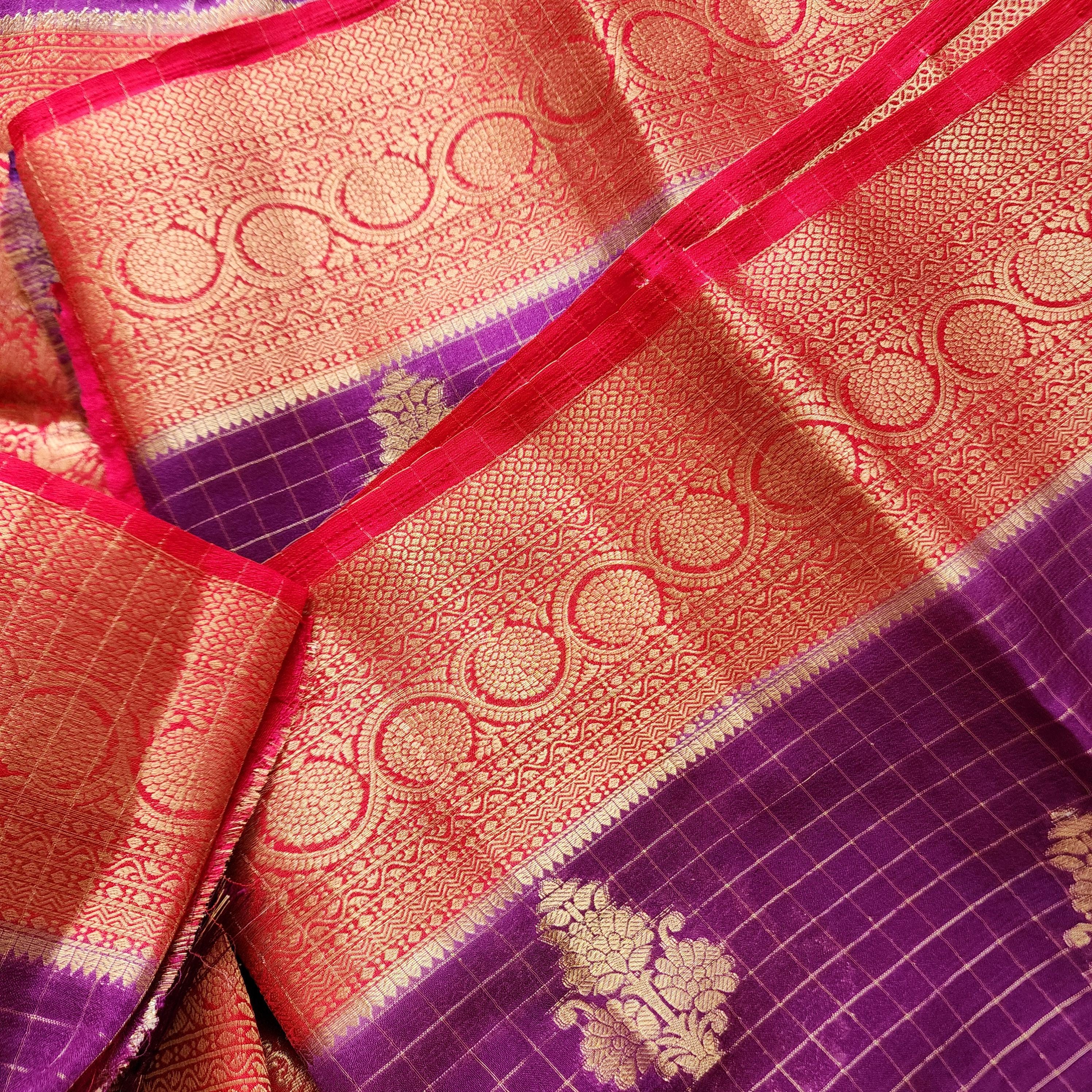 Traditional Purple and Gold Georgette Silk Saree with traditional Red border