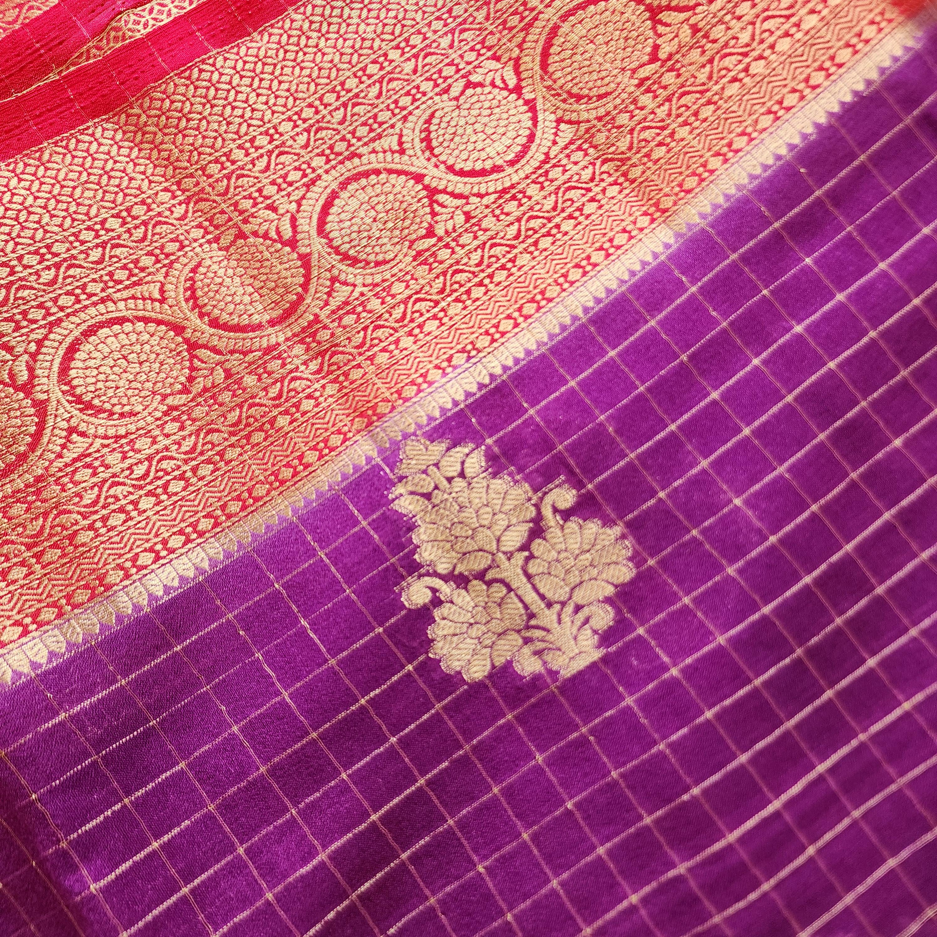 Traditional Purple and Gold Georgette Silk Saree with traditional Red border