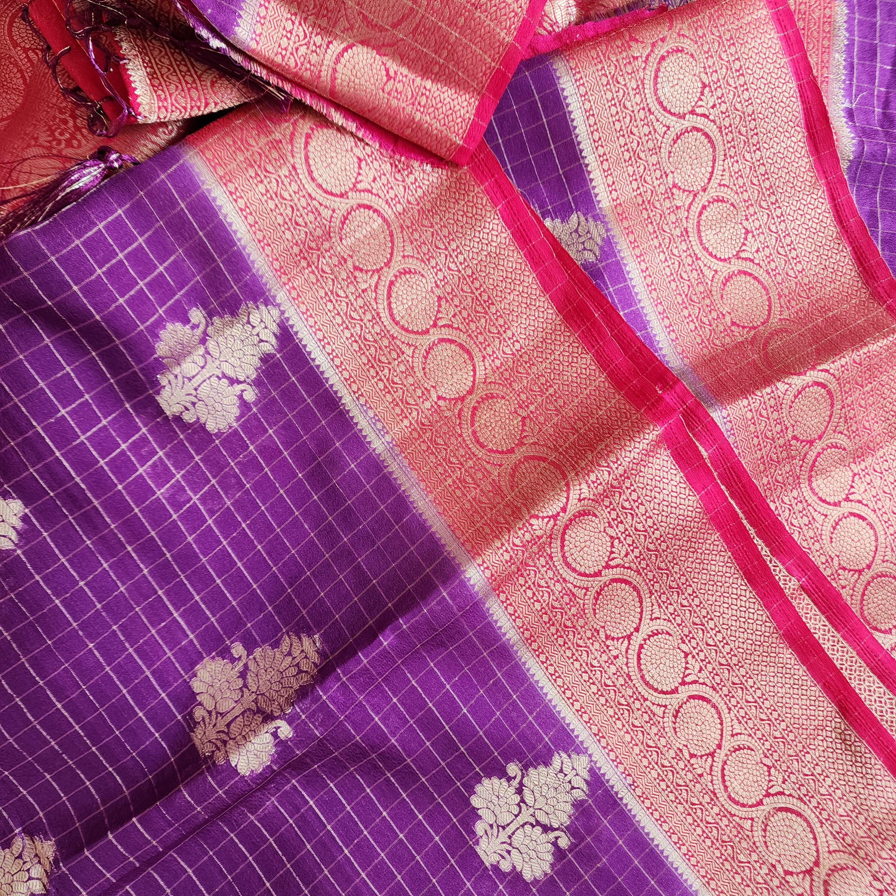 Traditional Purple and Gold Georgette Silk Saree with traditional Red border