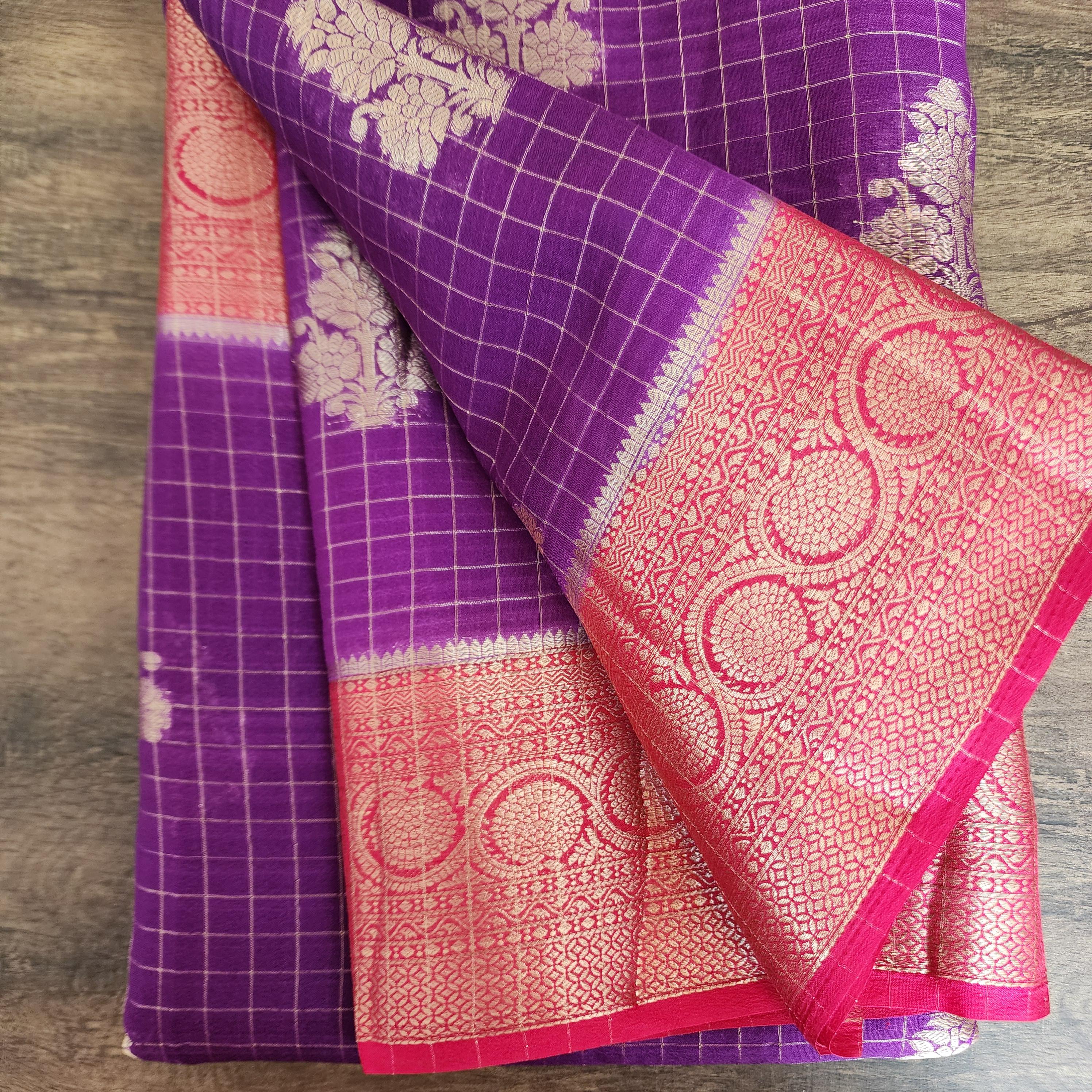 Traditional Purple and Gold Georgette Silk Saree with traditional Red border