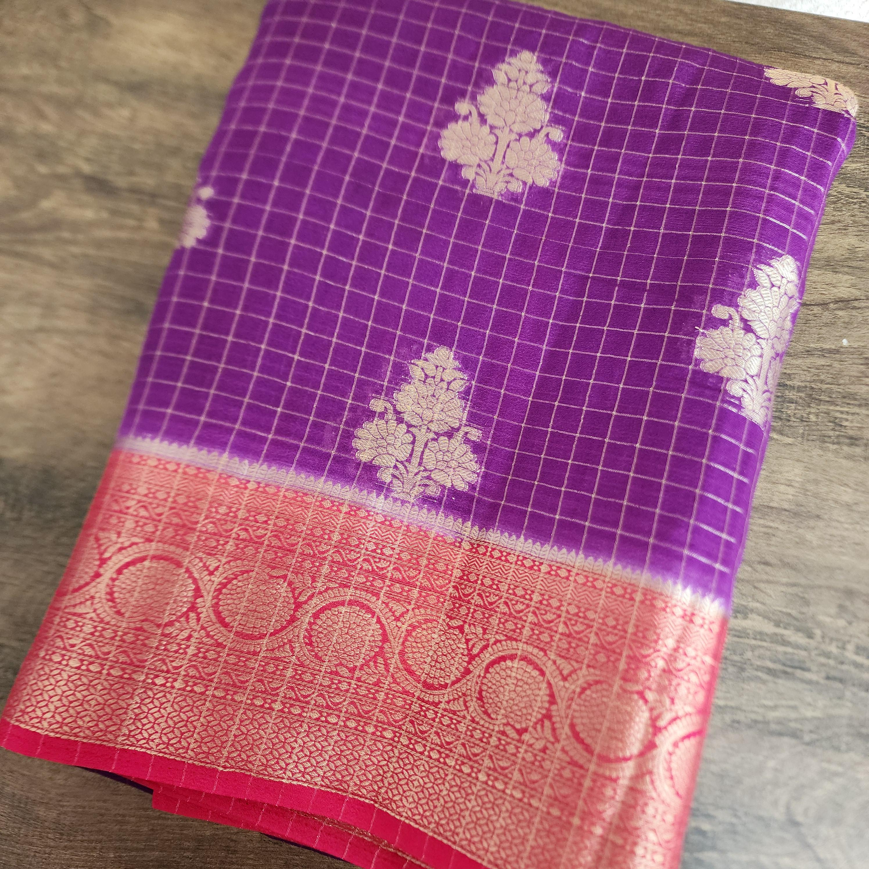 Traditional Purple and Gold Georgette Silk Saree with traditional Red border