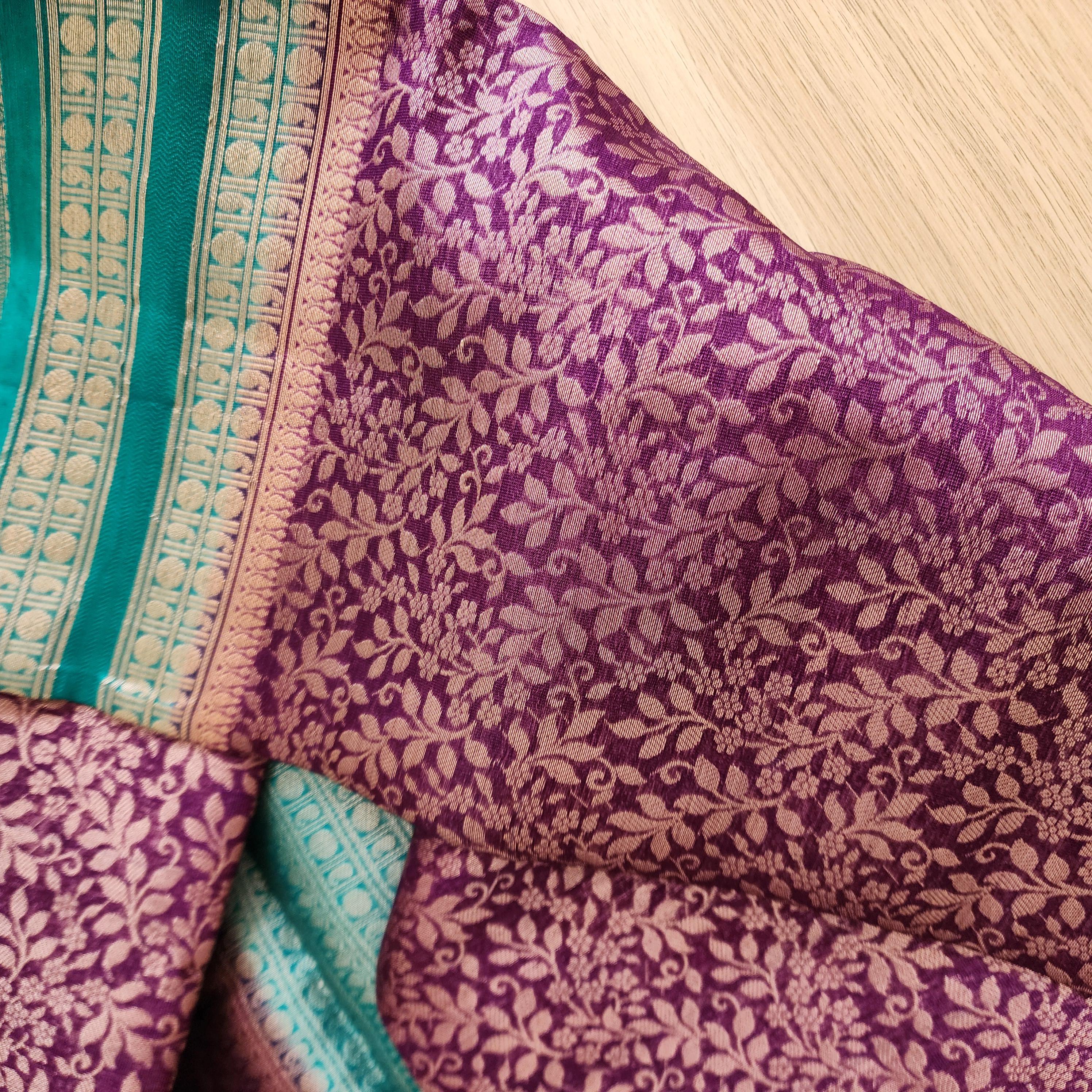 Royal Purple and Teal Banarasi Silk Saree with gold Floral Brocade