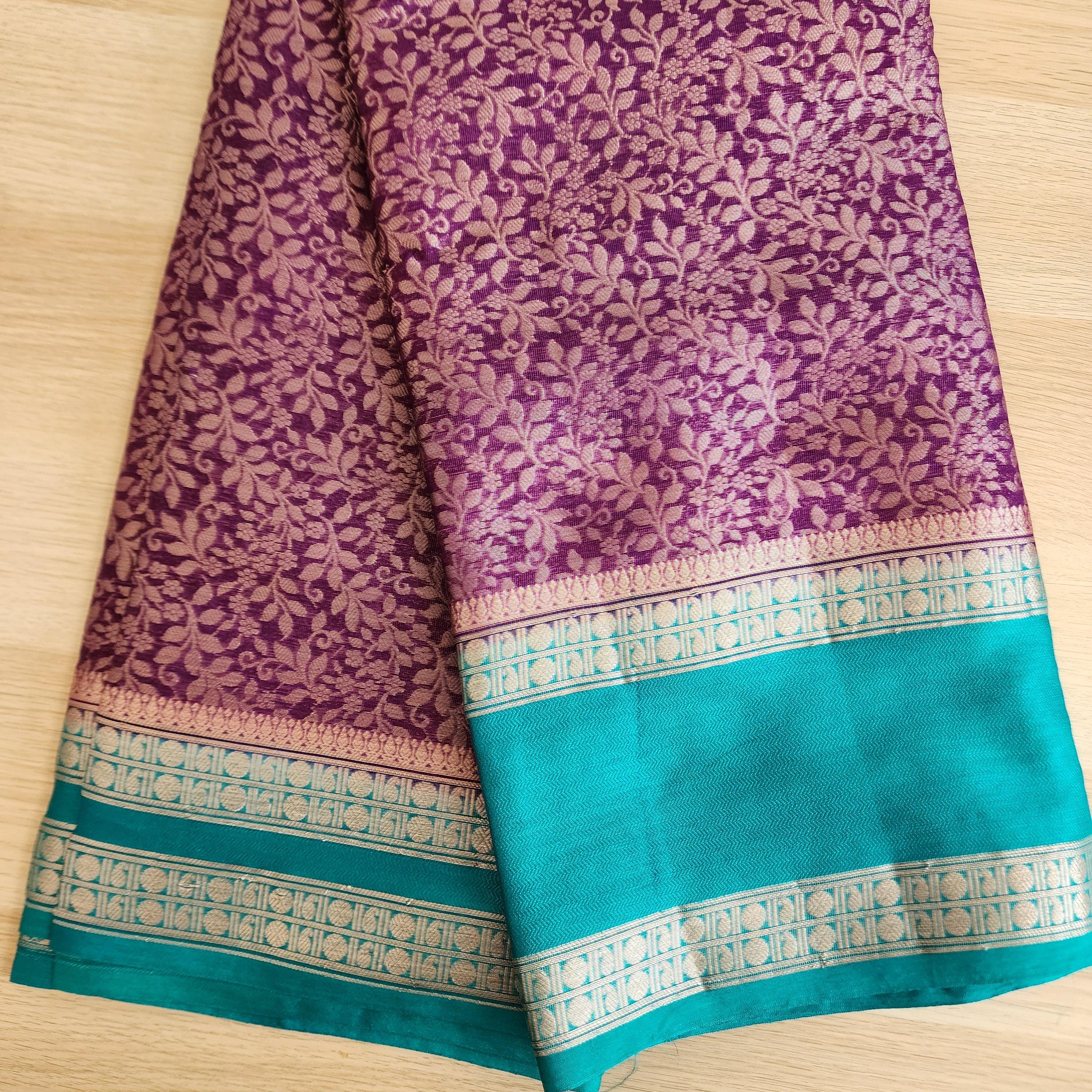Royal Purple and Teal Banarasi Silk Saree with gold Floral Brocade