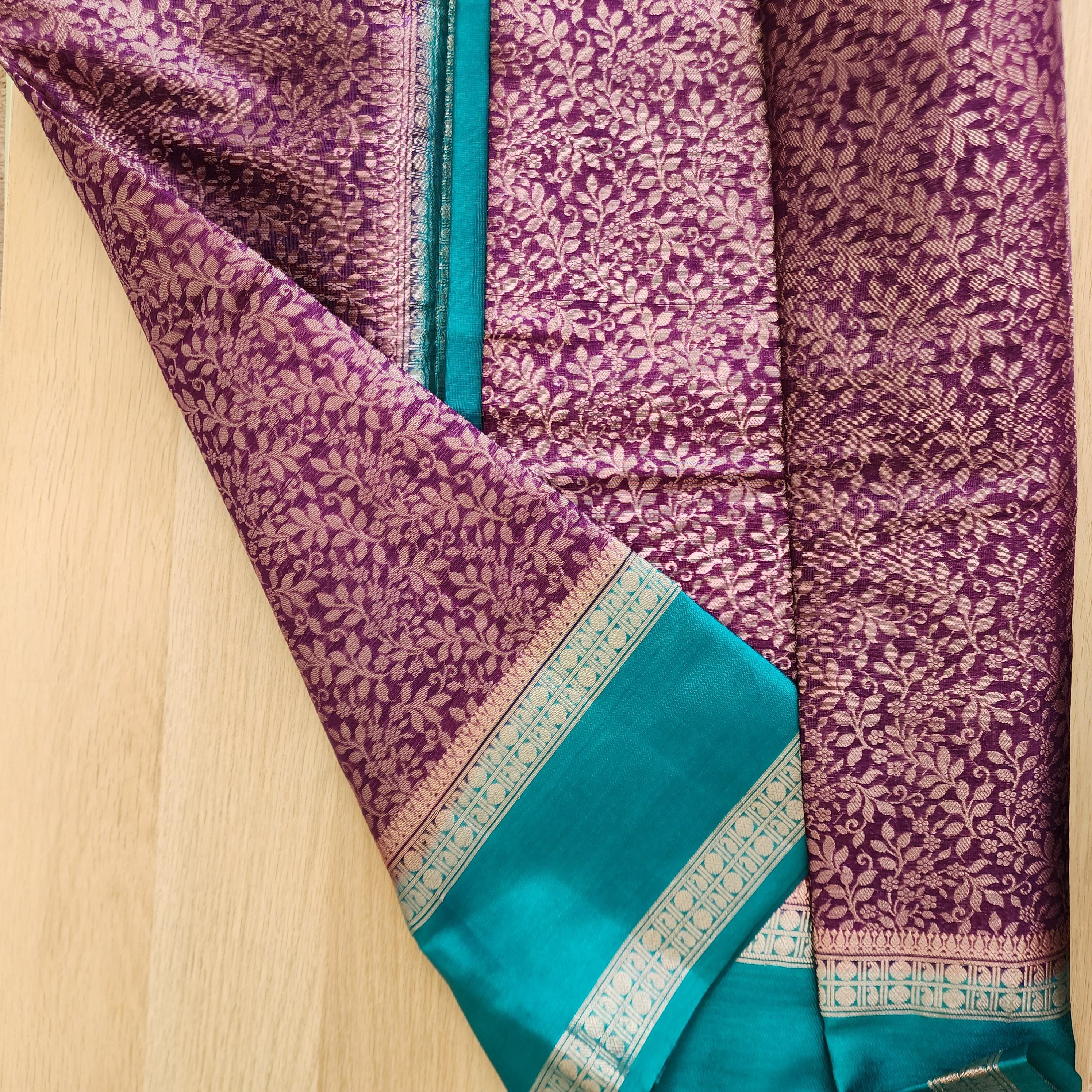 Royal Purple and Teal Banarasi Silk Saree with gold Floral Brocade