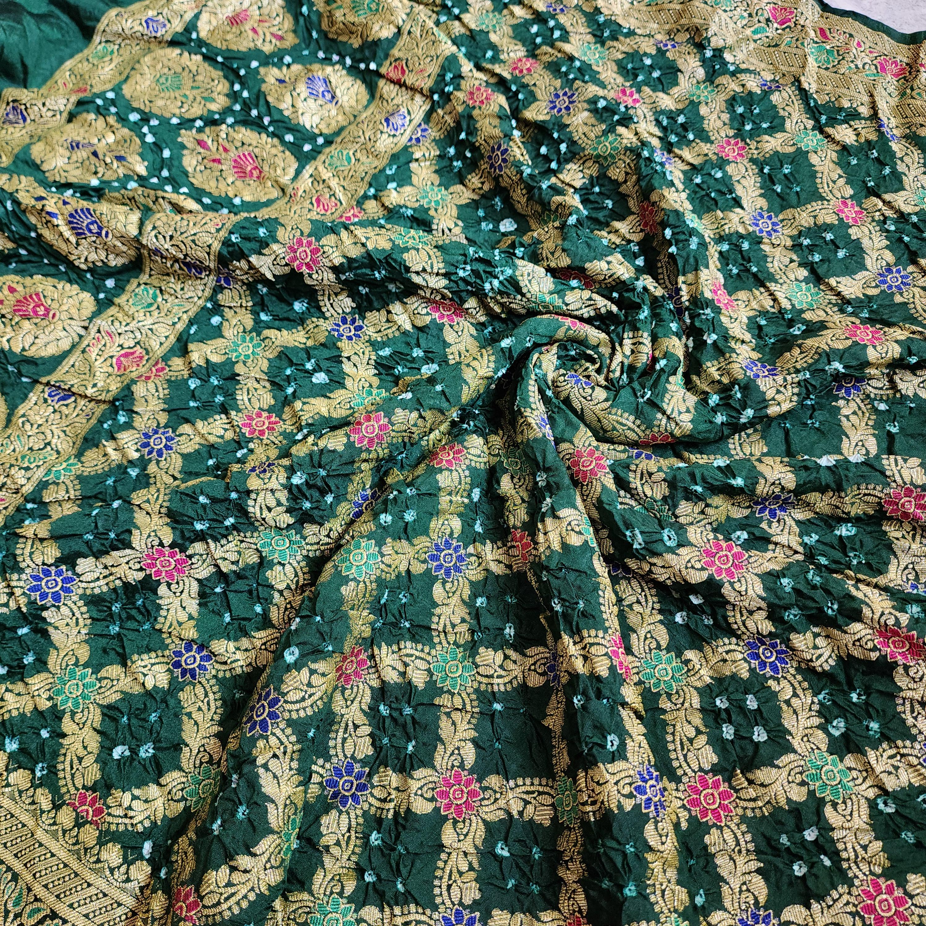 Bottle Green Bandhni dupatta with Banarasi Meenakari work