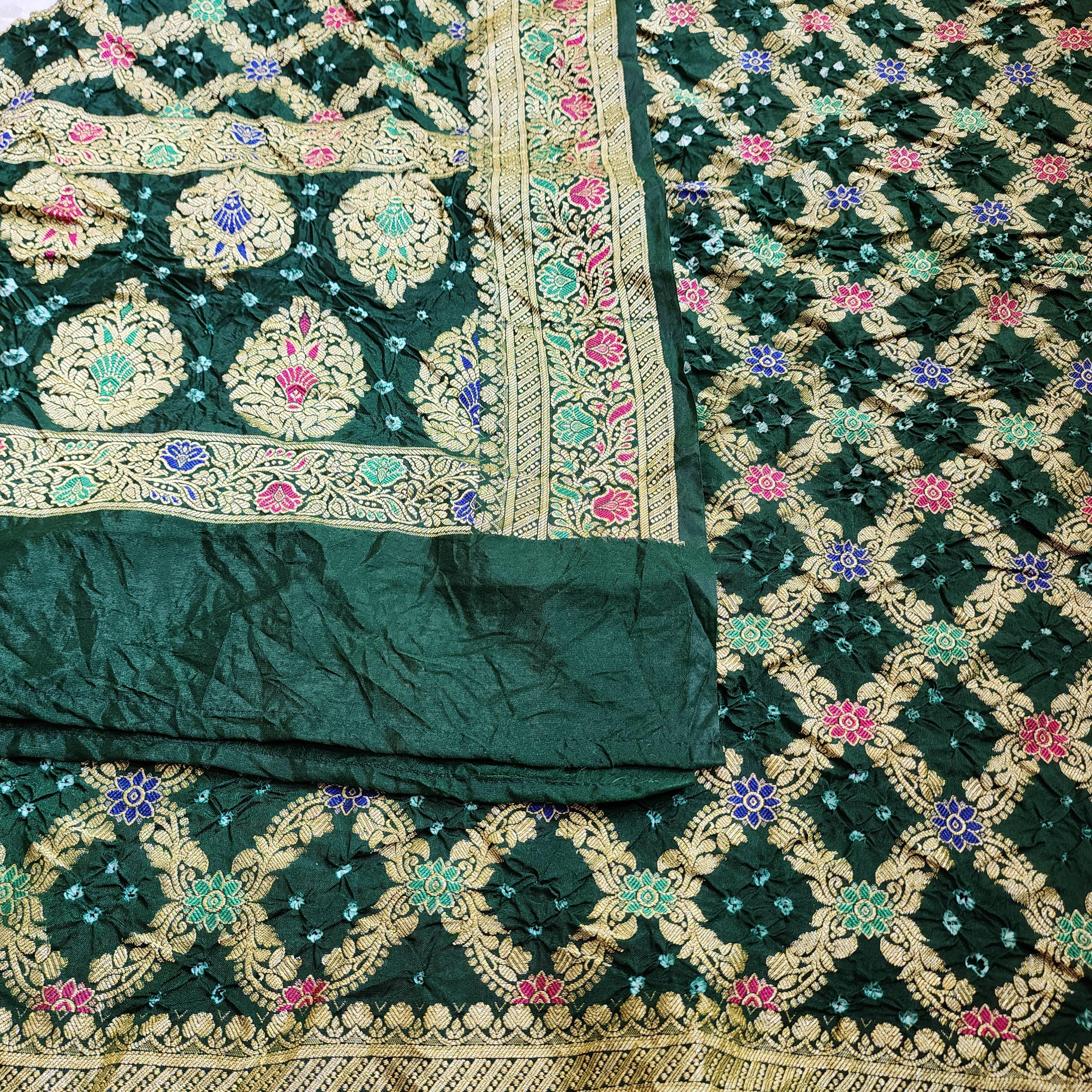 Bottle Green Bandhni dupatta with Banarasi Meenakari work