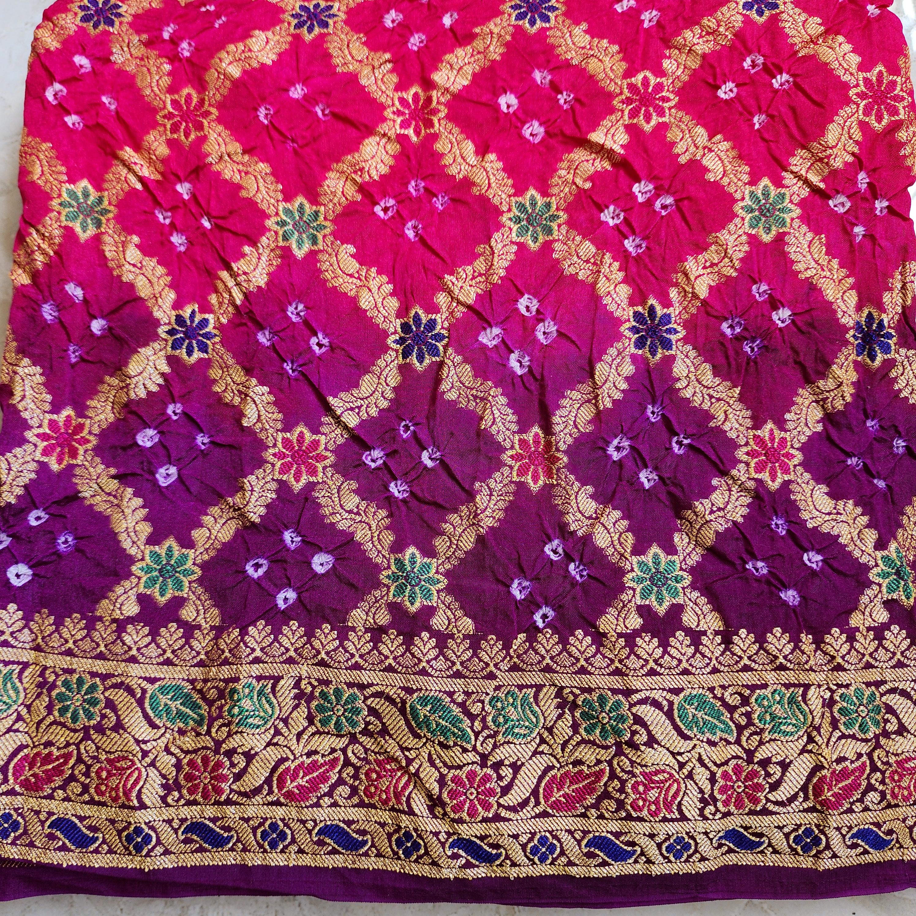 Dual-Tone Rani Pink & Purple Bandhni dupatta with Banarasi Meenakari work