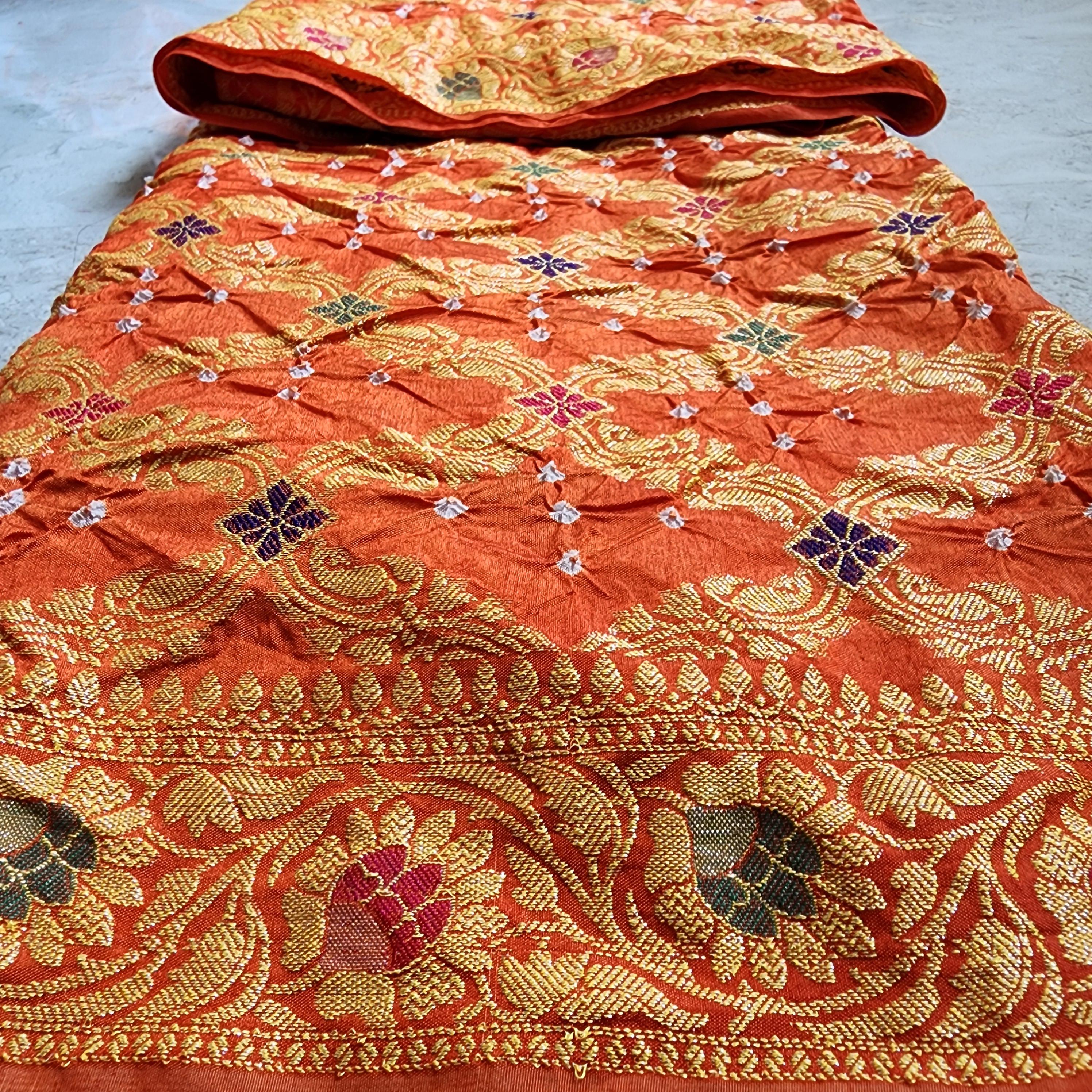 Orange & gold Bandhni dupatta with Banarasi Meenakari work
