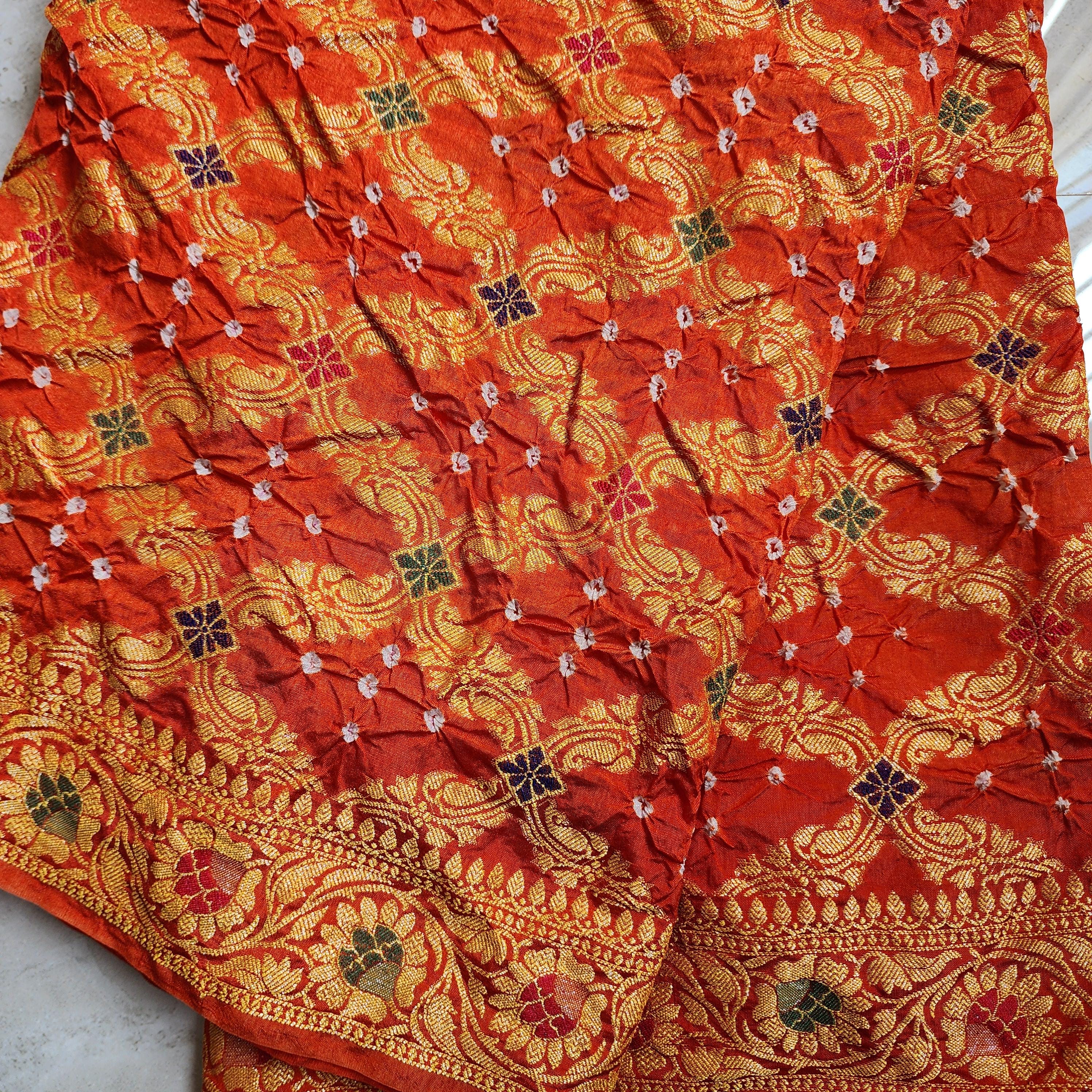Orange & gold Bandhni dupatta with Banarasi Meenakari work