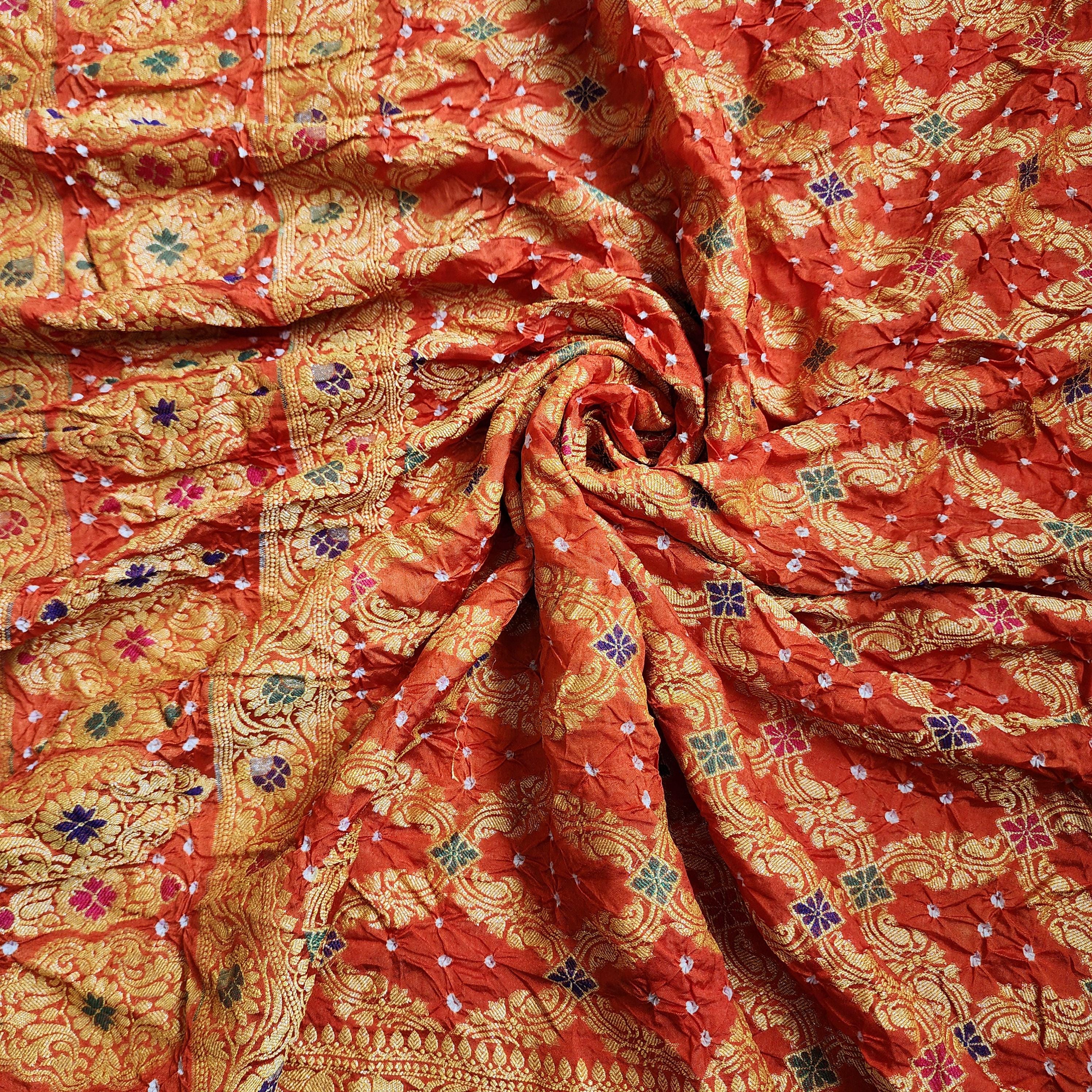 Orange & gold Bandhni dupatta with Banarasi Meenakari work