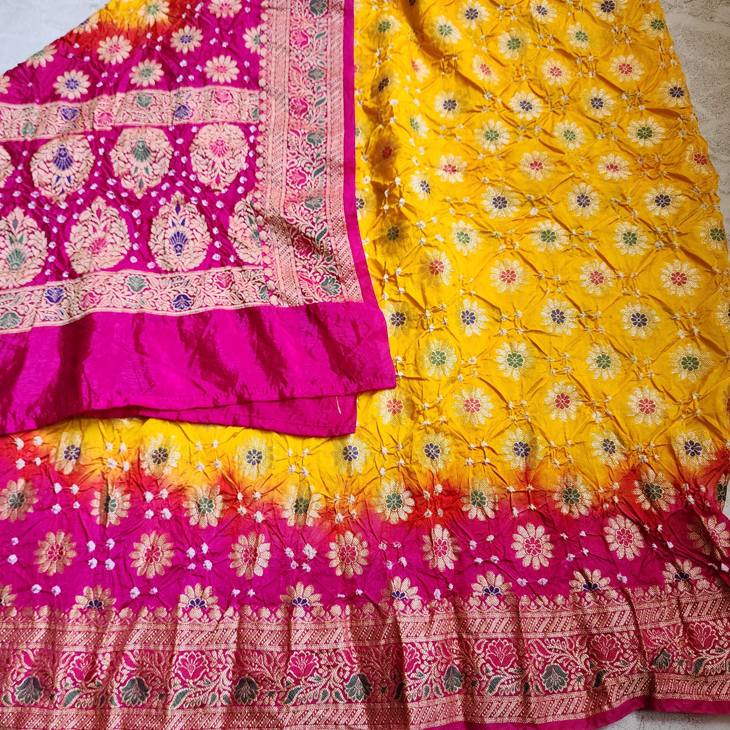 Rich Gold Bandhni dupatta with Rani Pink border & Banarasi Meenakari work