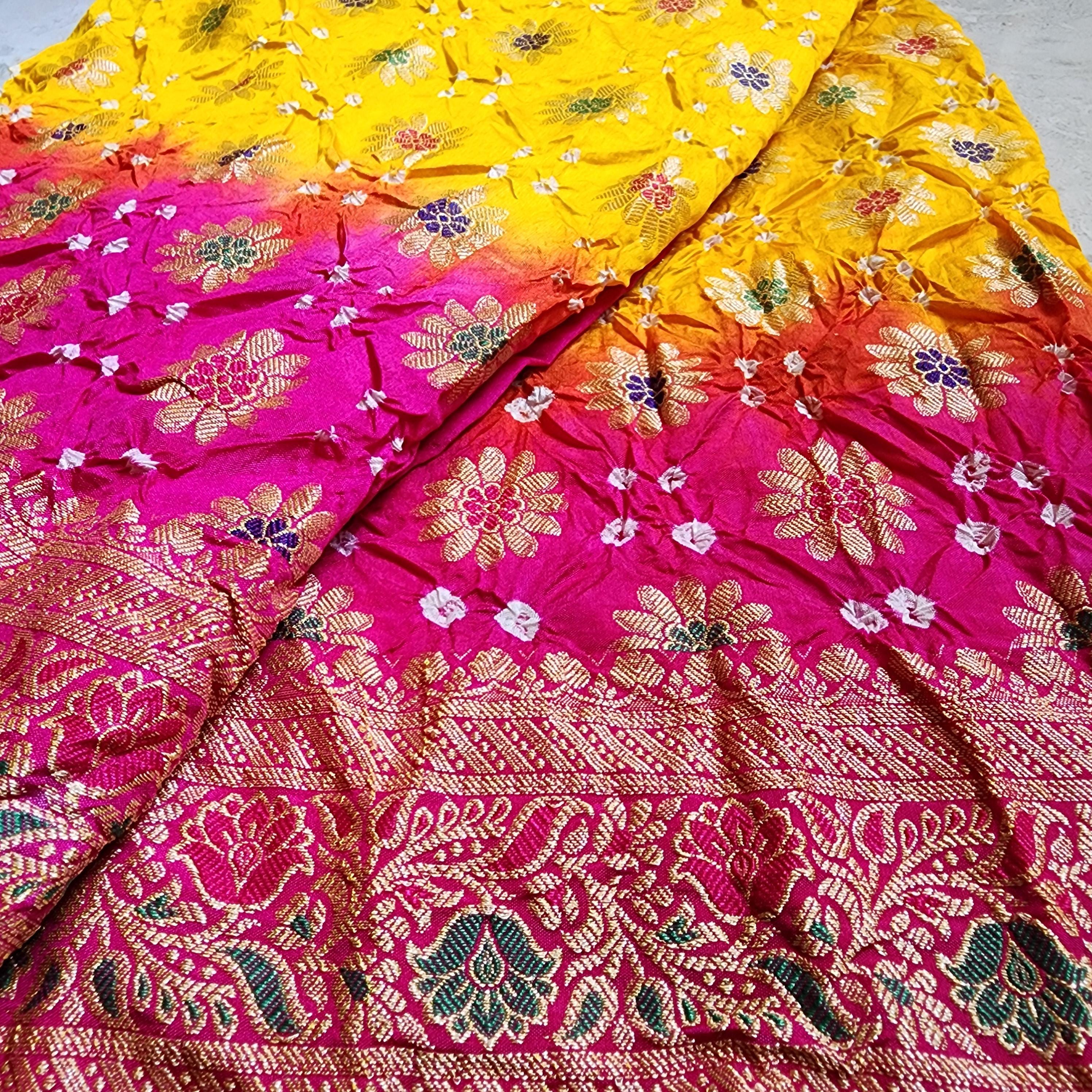 Rich Gold Bandhni dupatta with Rani Pink border & Banarasi Meenakari work