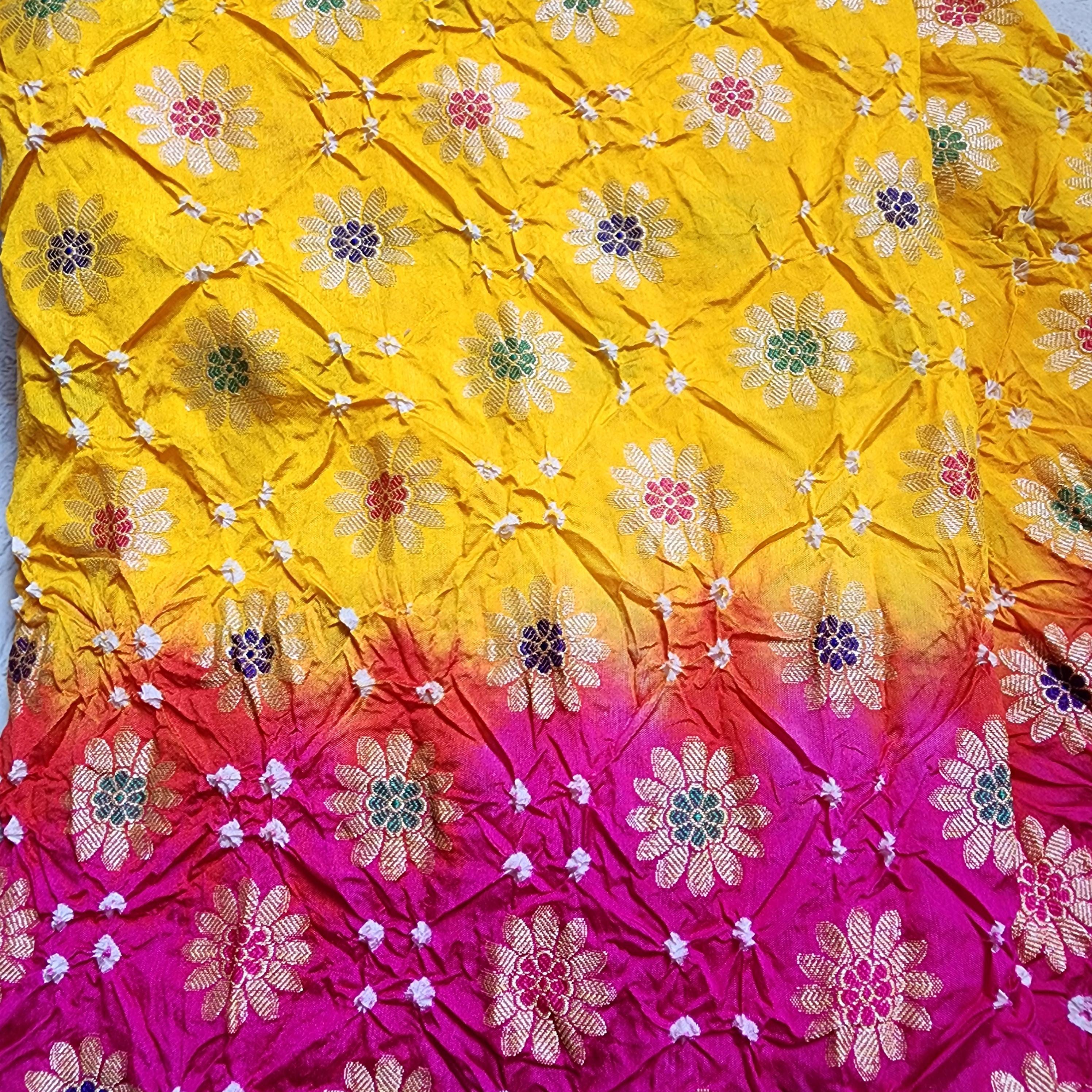 Rich Gold Bandhni dupatta with Rani Pink border & Banarasi Meenakari work