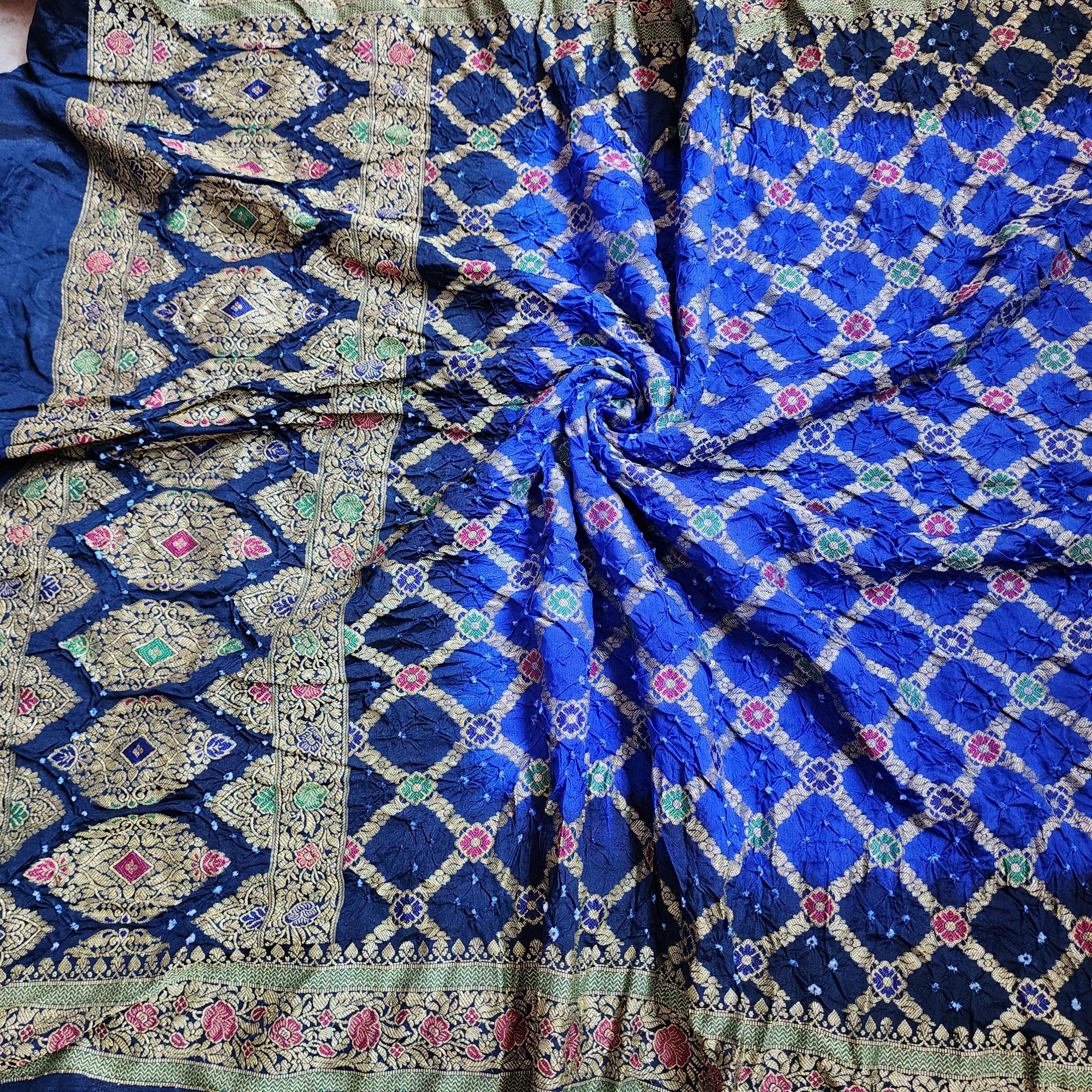 Dual-toned Royal Blue & Navy Bandhni dupatta with Banarasi Meenakari work