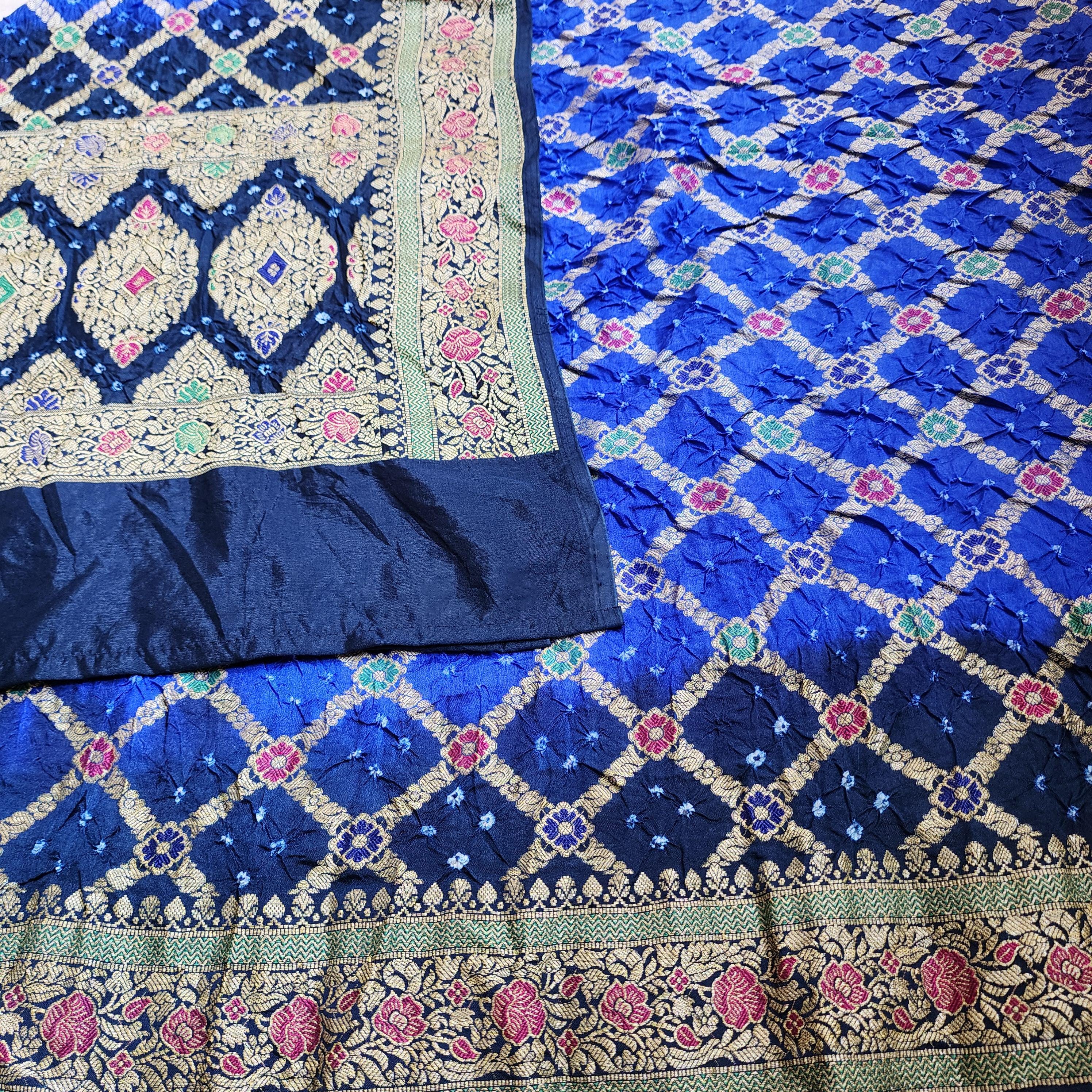 Dual-toned Royal Blue & Navy Bandhni dupatta with Banarasi Meenakari work