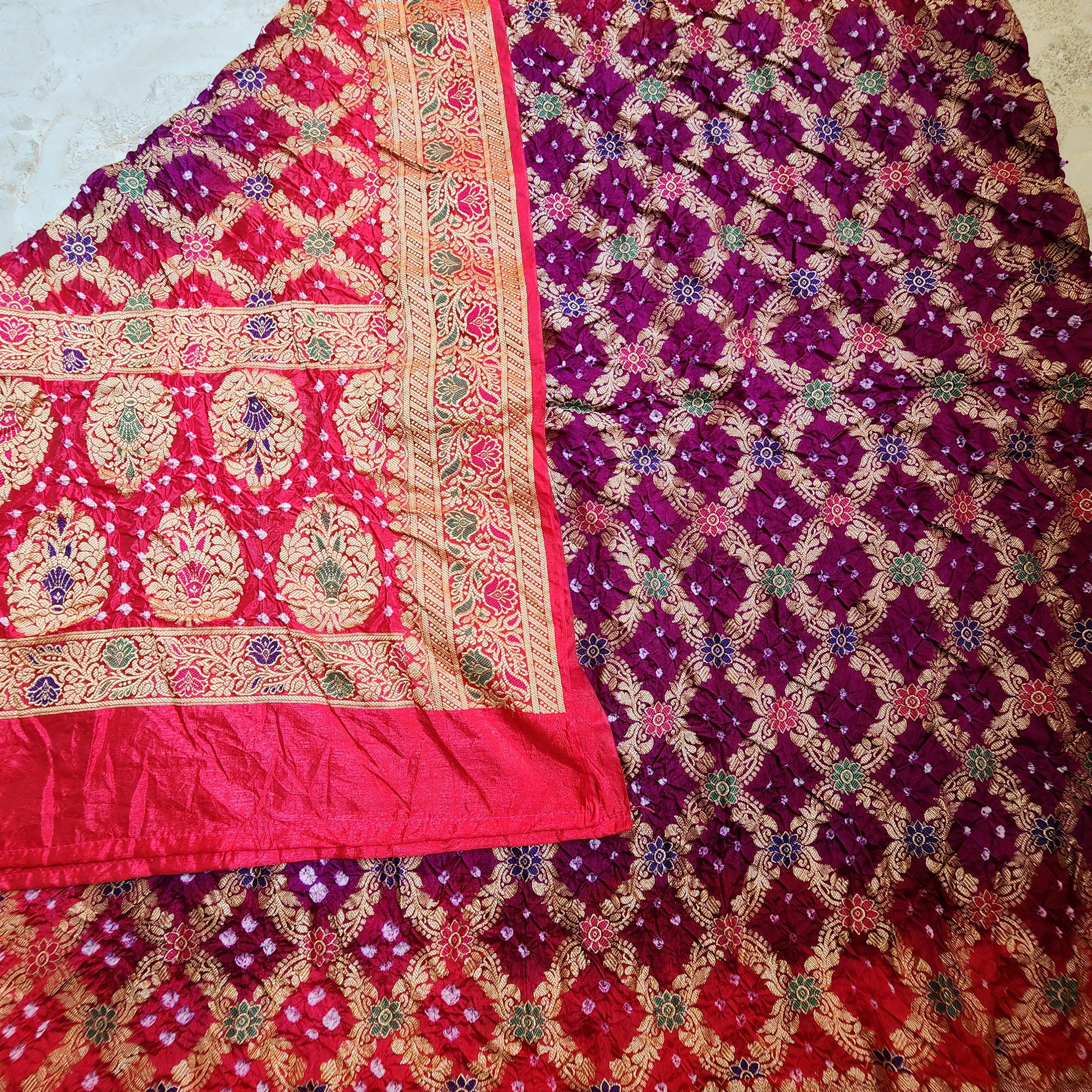 Rich Purple Bandhni dupatta with hot Pink border & Banarasi Meenakari work