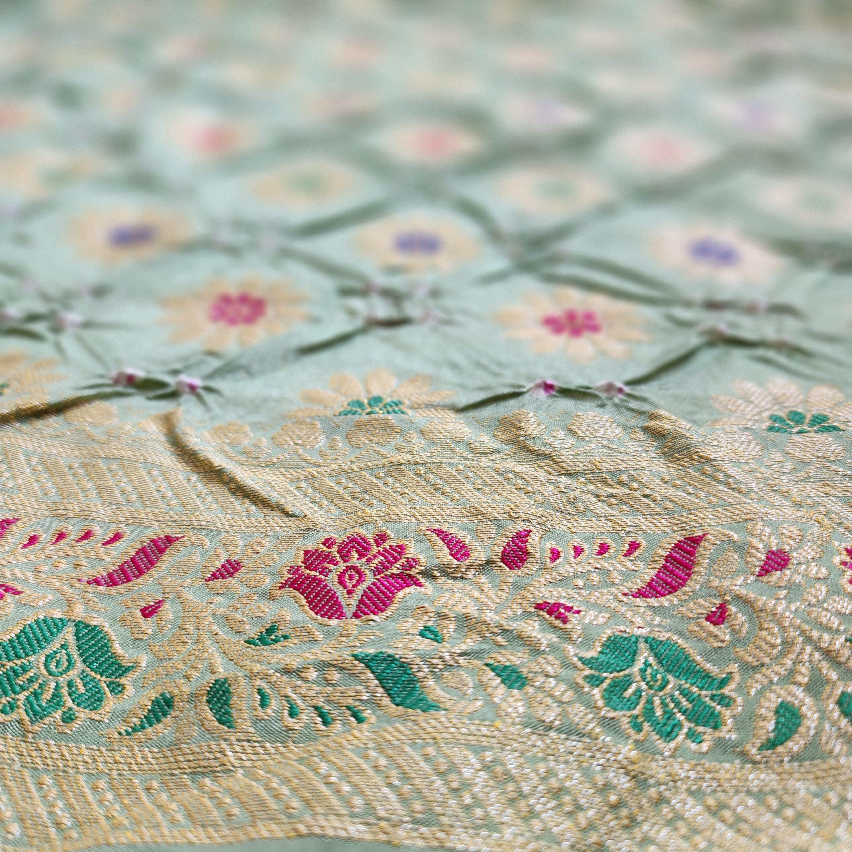 Light Sage Green Bandhni dupatta with Banarasi Meenakari work