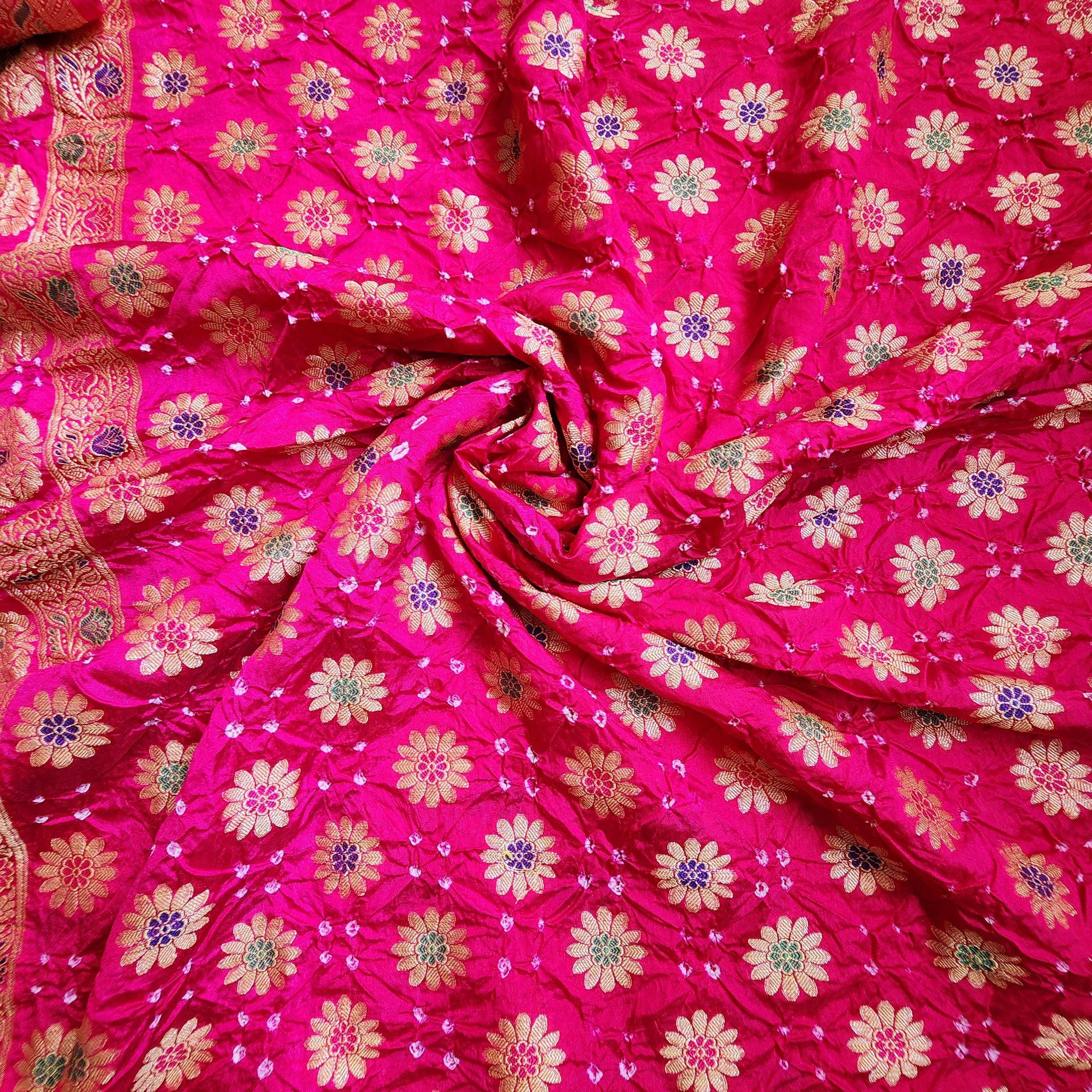 Vibrant Pink Bandhni dupatta with Banarasi Meenakari work