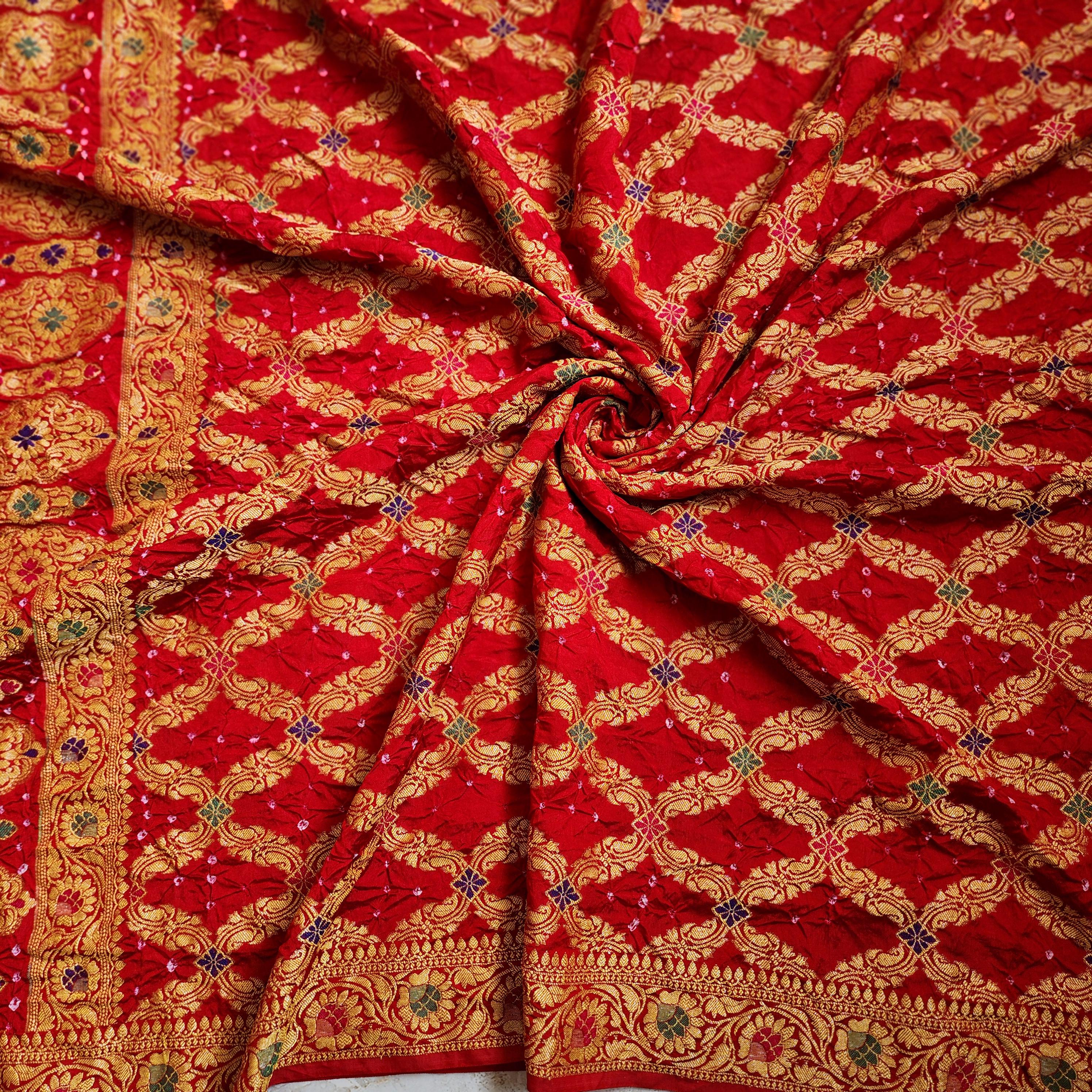 Vibrant Red Bandhni dupatta with Banarasi Meenakari work