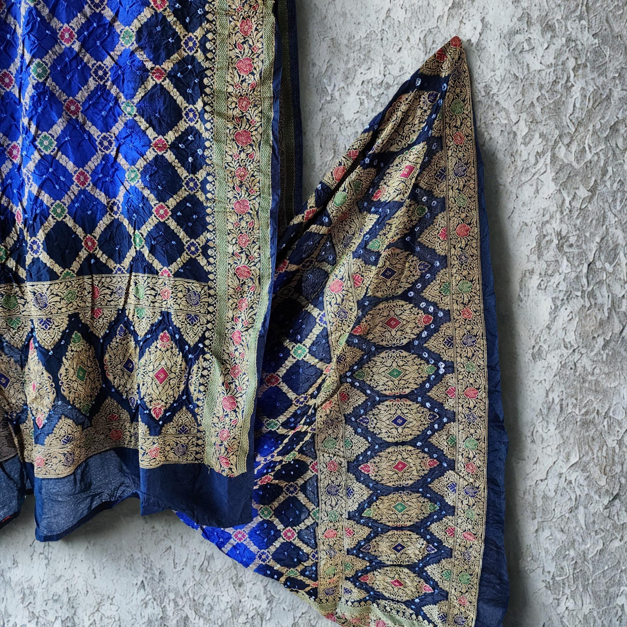 Dual-toned Royal Blue & Navy Bandhni dupatta with Banarasi Meenakari work