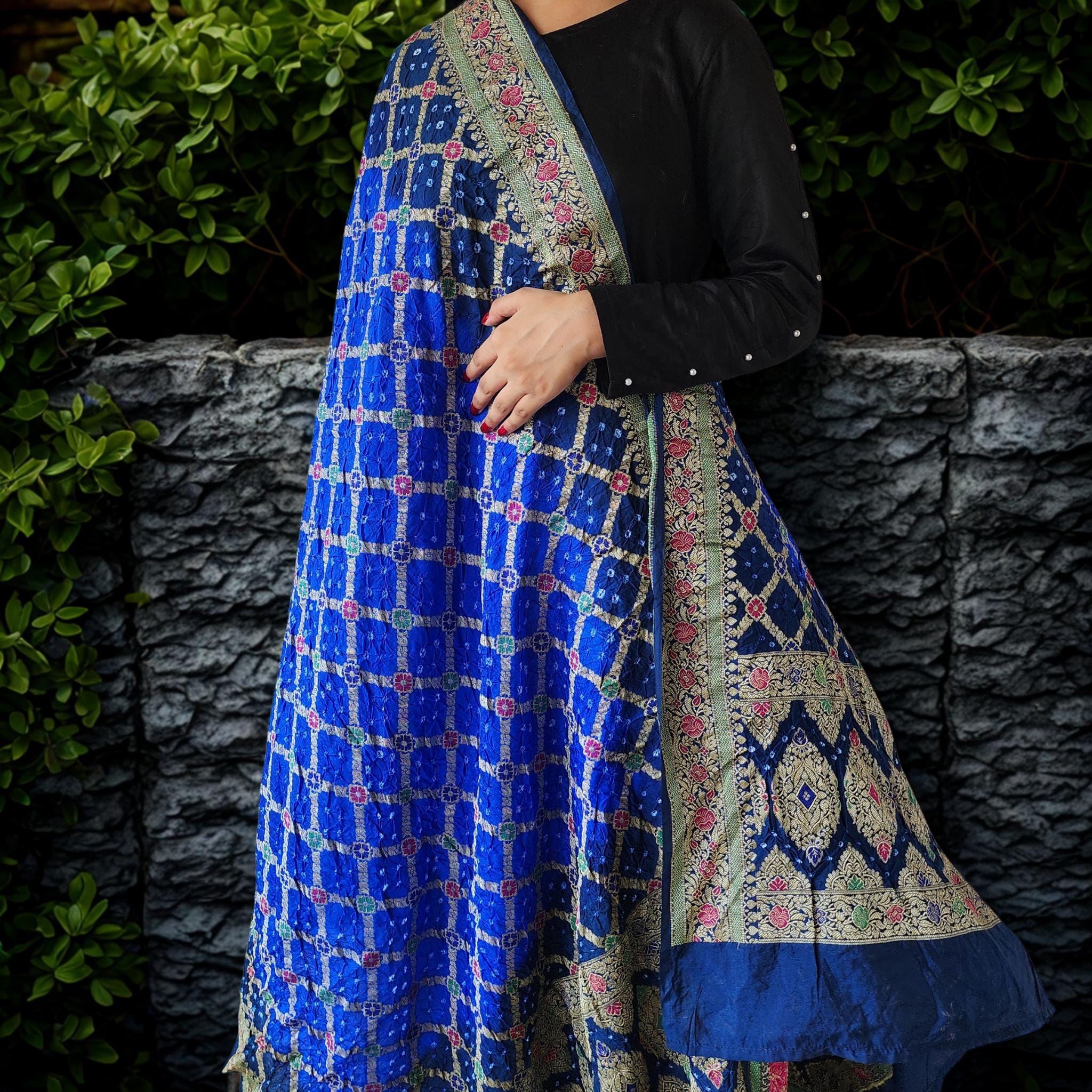 Dual-toned Royal Blue & Navy Bandhni dupatta with Banarasi Meenakari work