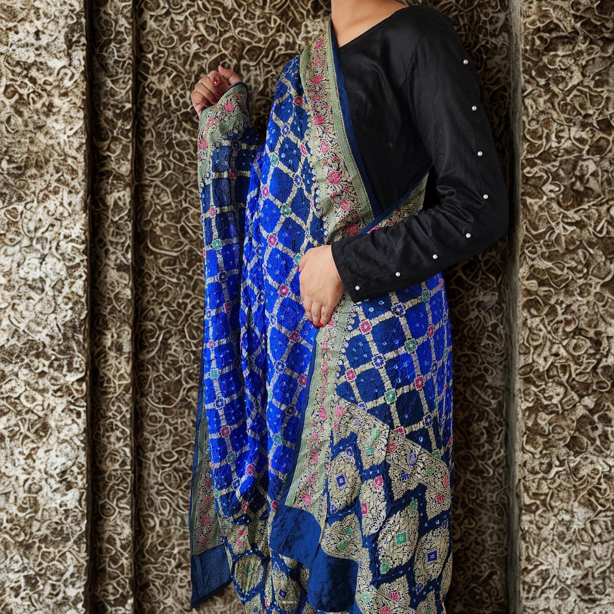 Dual-toned Royal Blue & Navy Bandhni dupatta with Banarasi Meenakari work