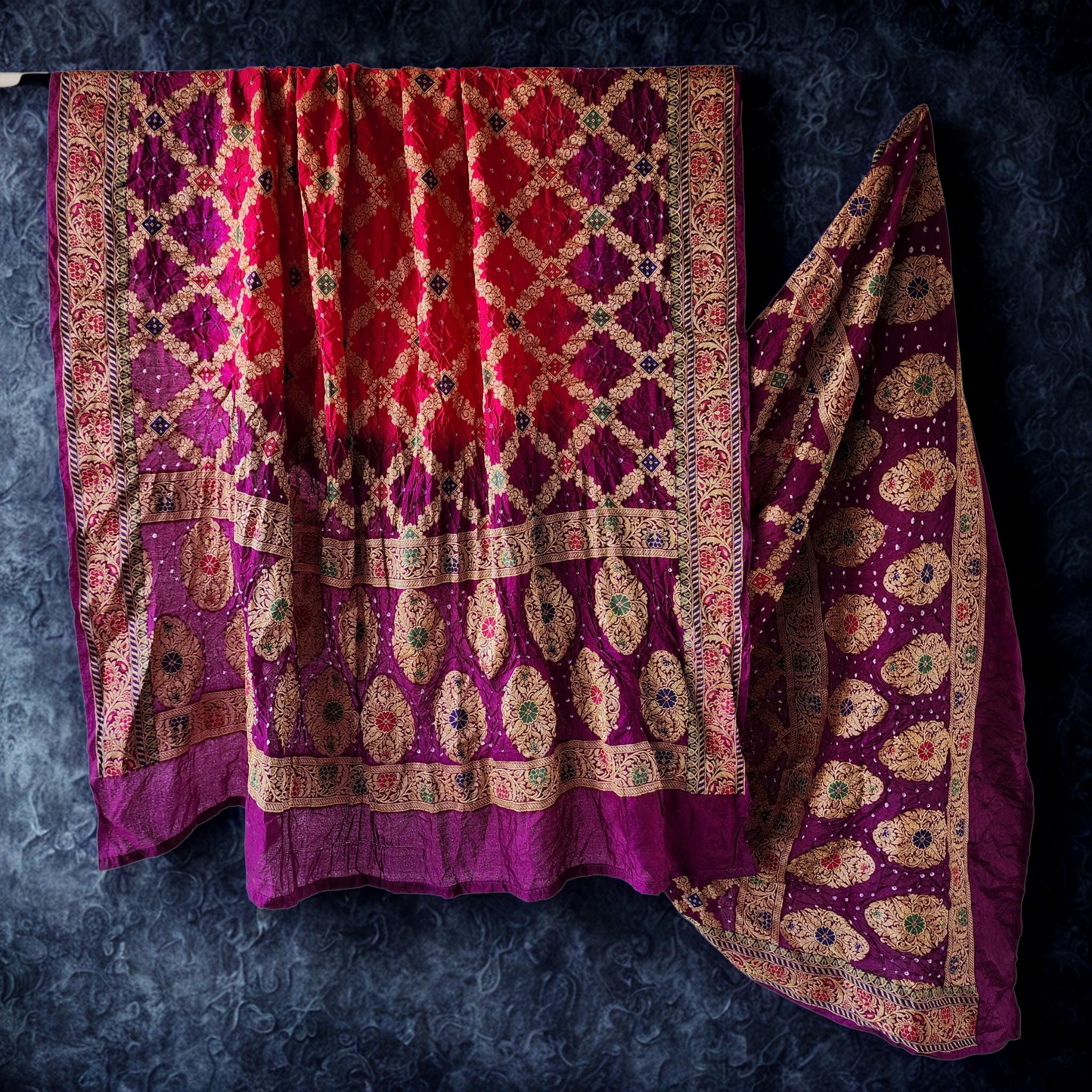 Dual-Tone Rani Pink & Purple Bandhni dupatta with Banarasi Meenakari work