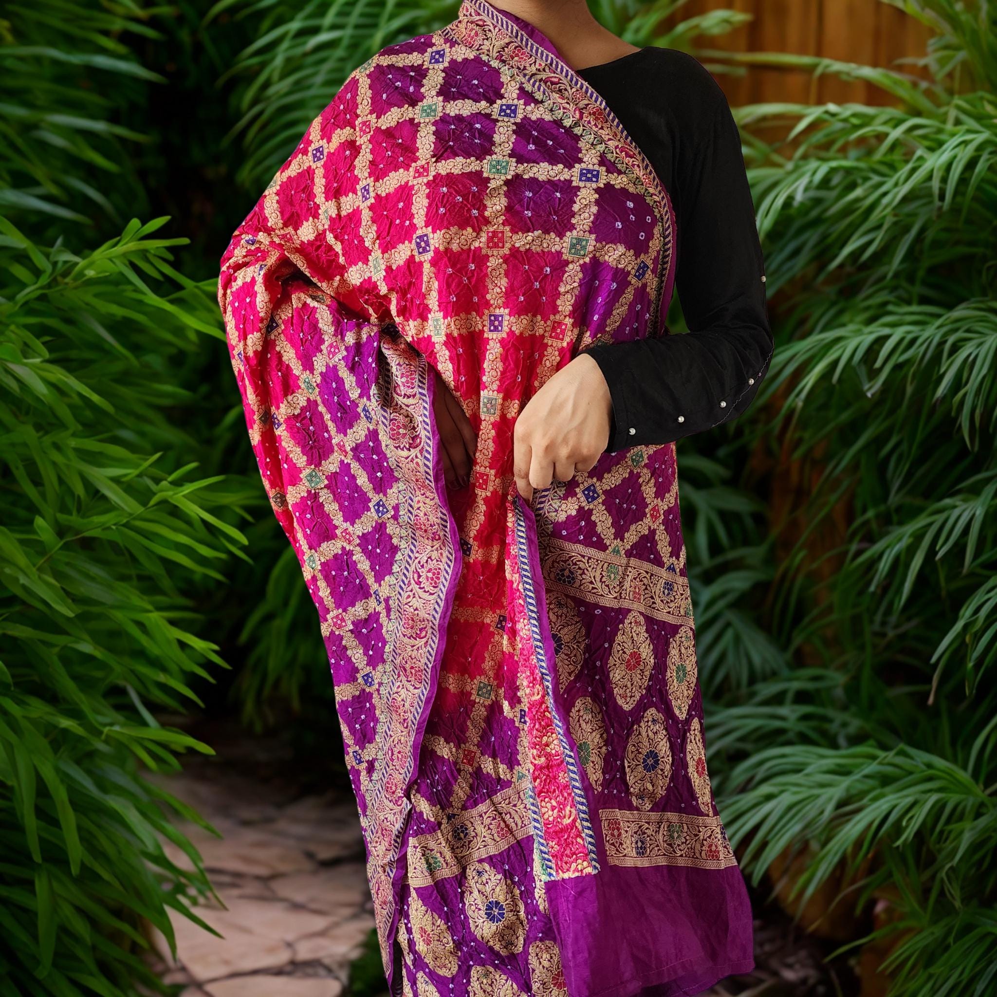 Dual-Tone Rani Pink & Purple Bandhni dupatta with Banarasi Meenakari work