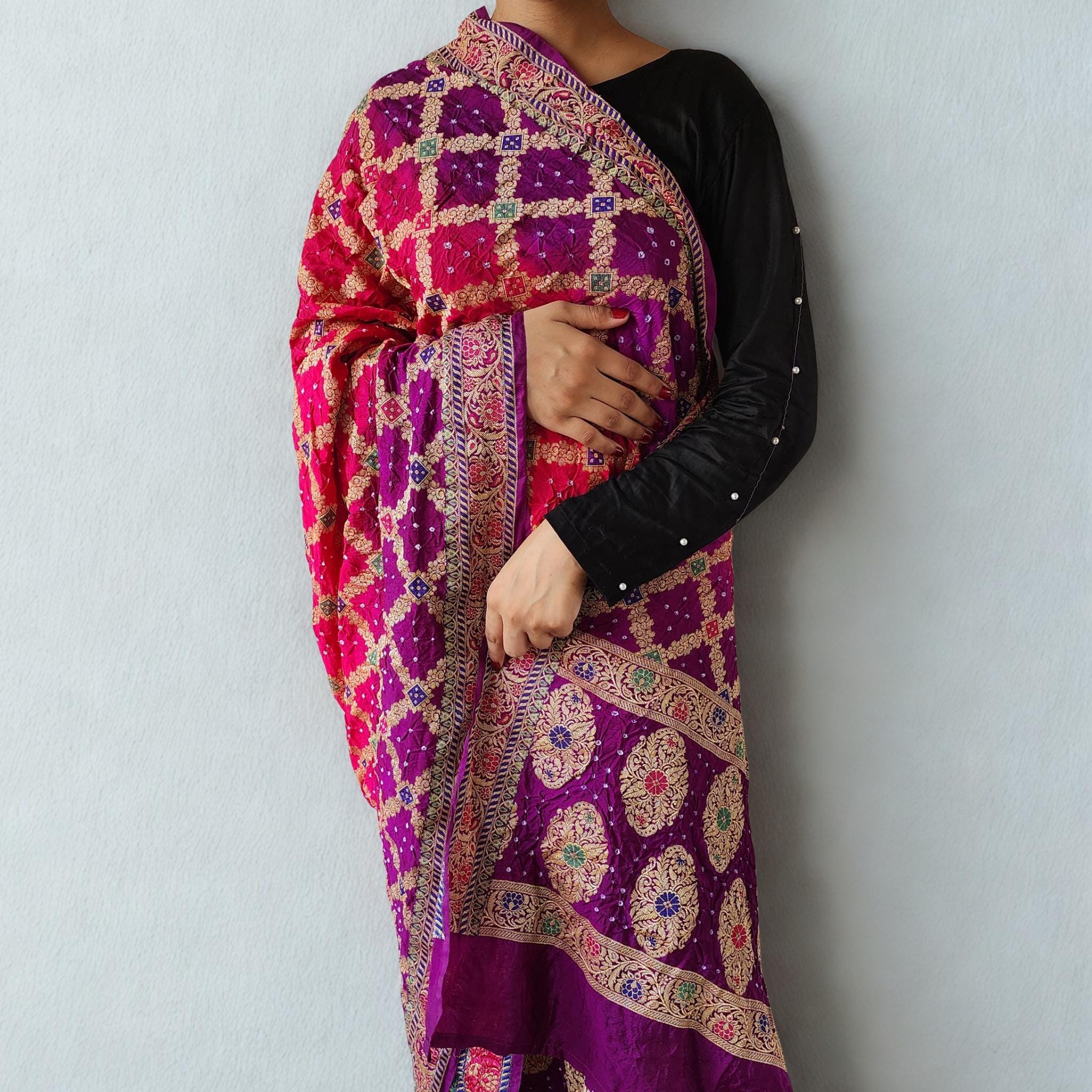 Dual-Tone Rani Pink & Purple Bandhni dupatta with Banarasi Meenakari work