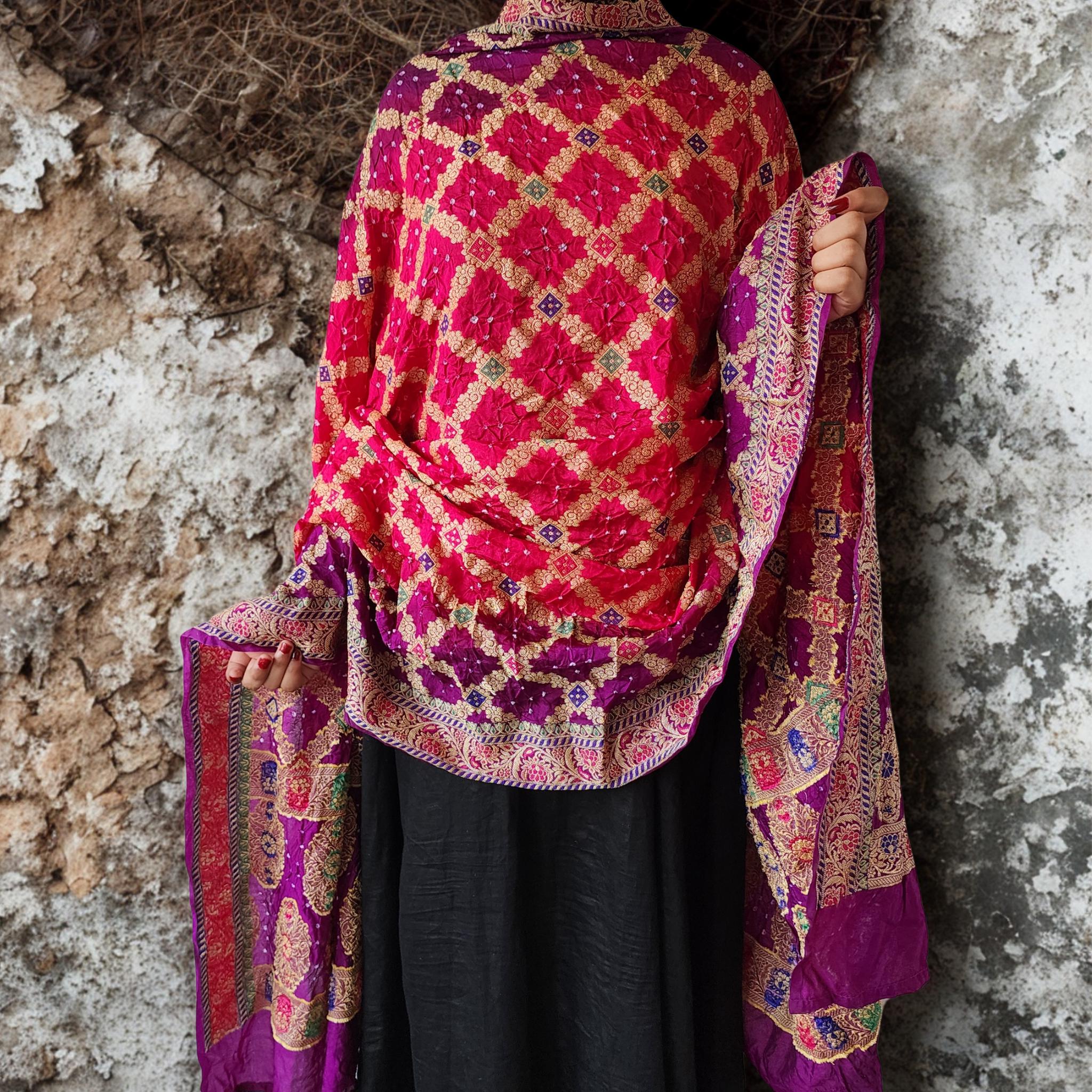 Dual-Tone Rani Pink & Purple Bandhni dupatta with Banarasi Meenakari work