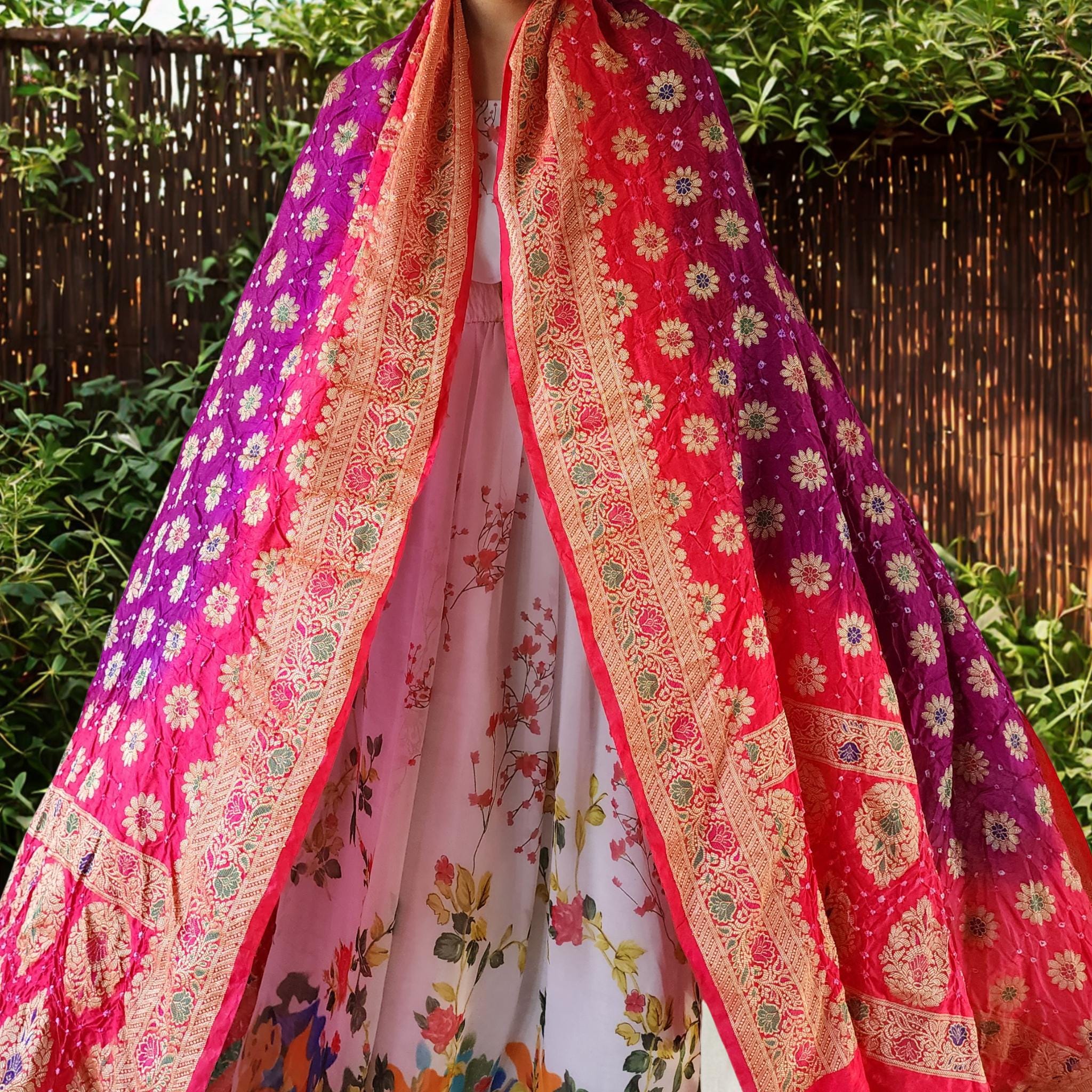 Rich Purple Bandhni dupatta with hot Pink border & Banarasi Meenakari work