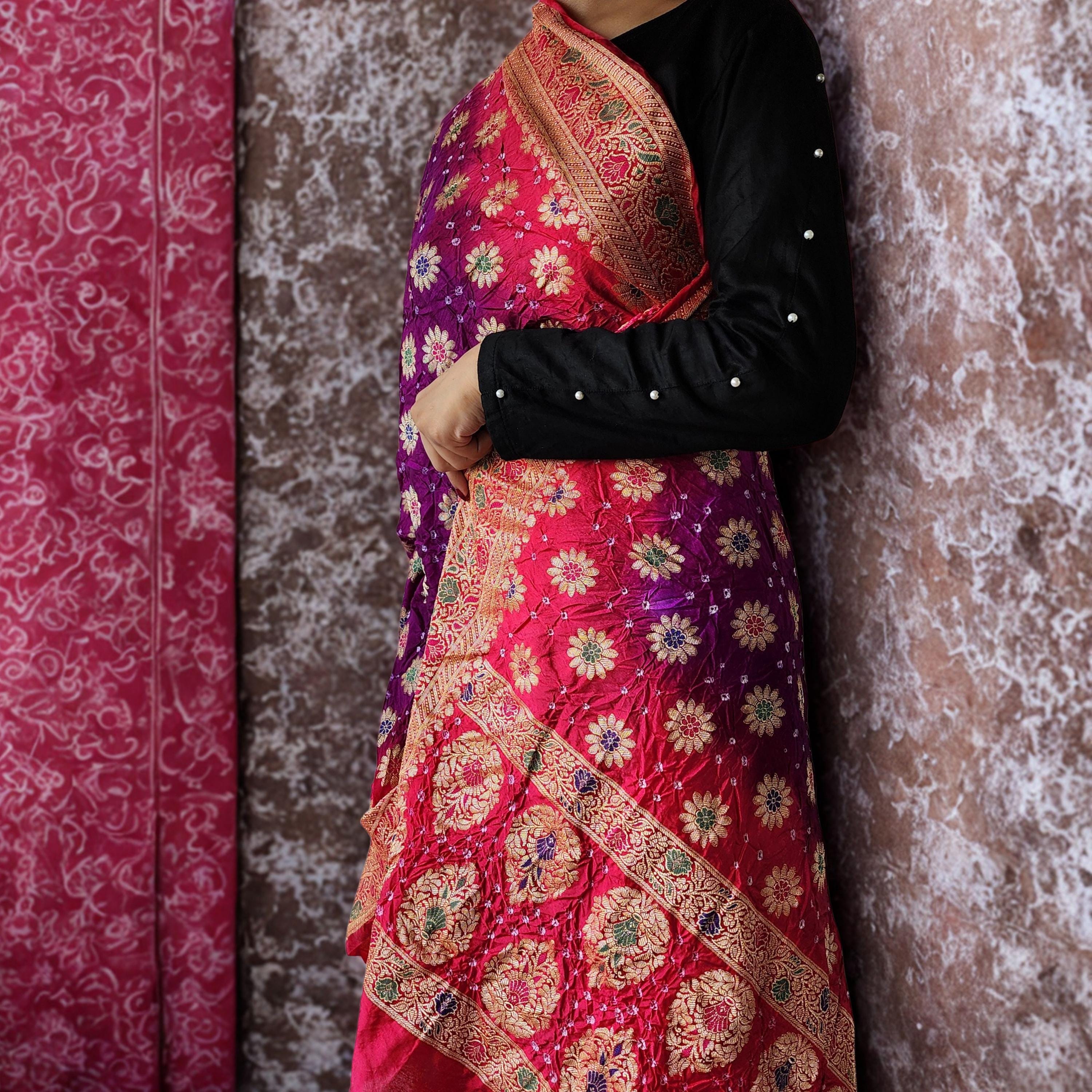 Rich Purple Bandhni dupatta with hot Pink border & Banarasi Meenakari work