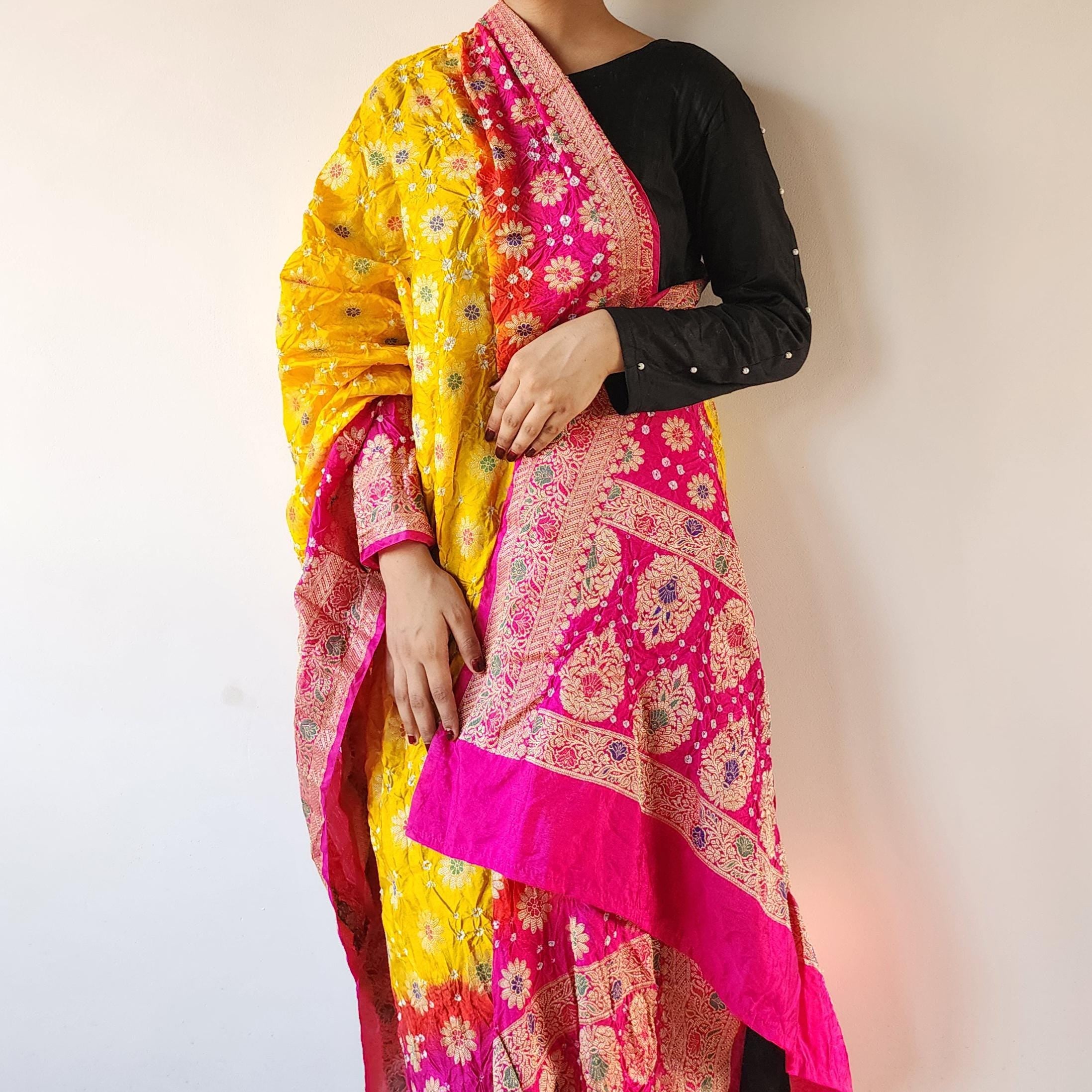Rich Gold Bandhni dupatta with Rani Pink border & Banarasi Meenakari work