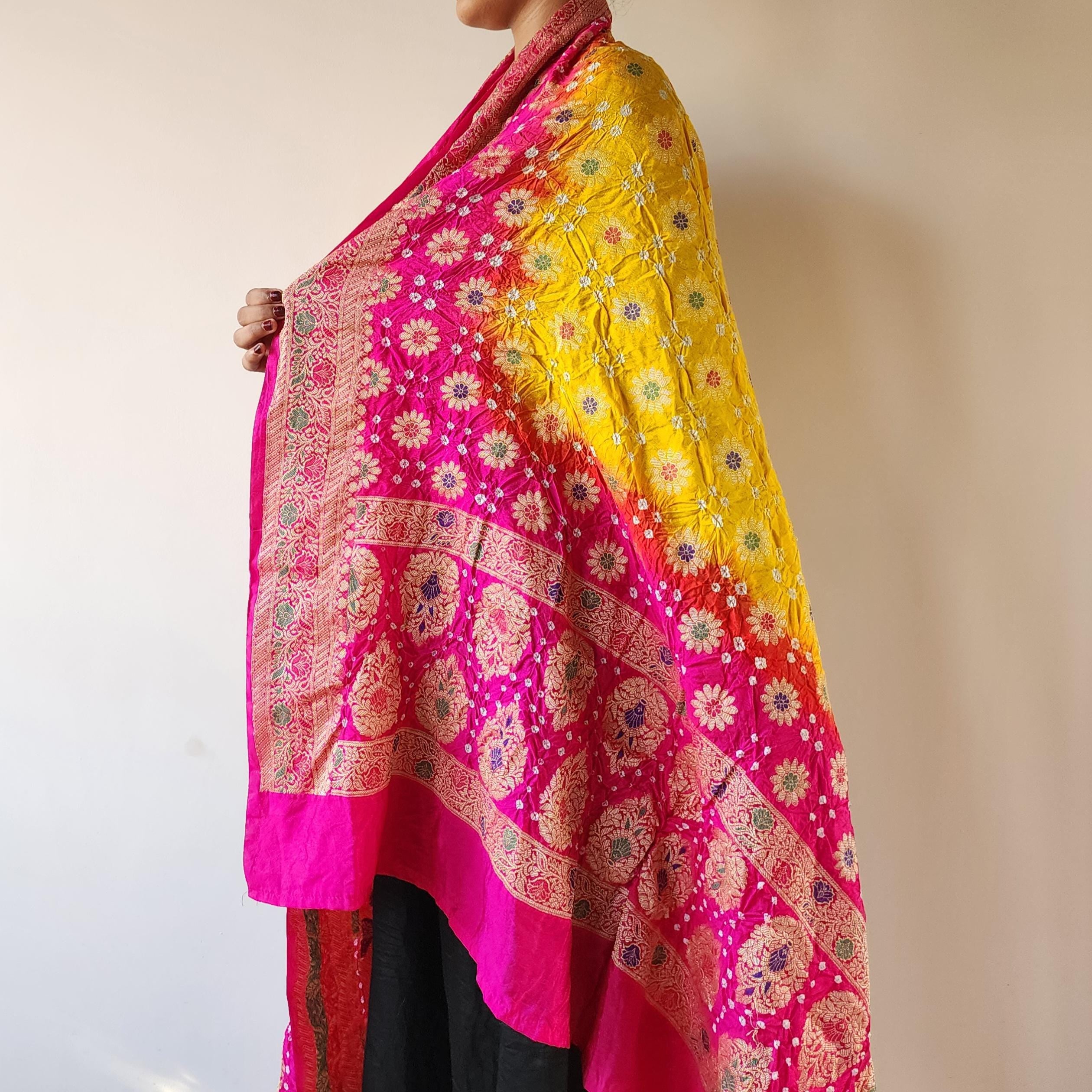 Rich Gold Bandhni dupatta with Rani Pink border & Banarasi Meenakari work