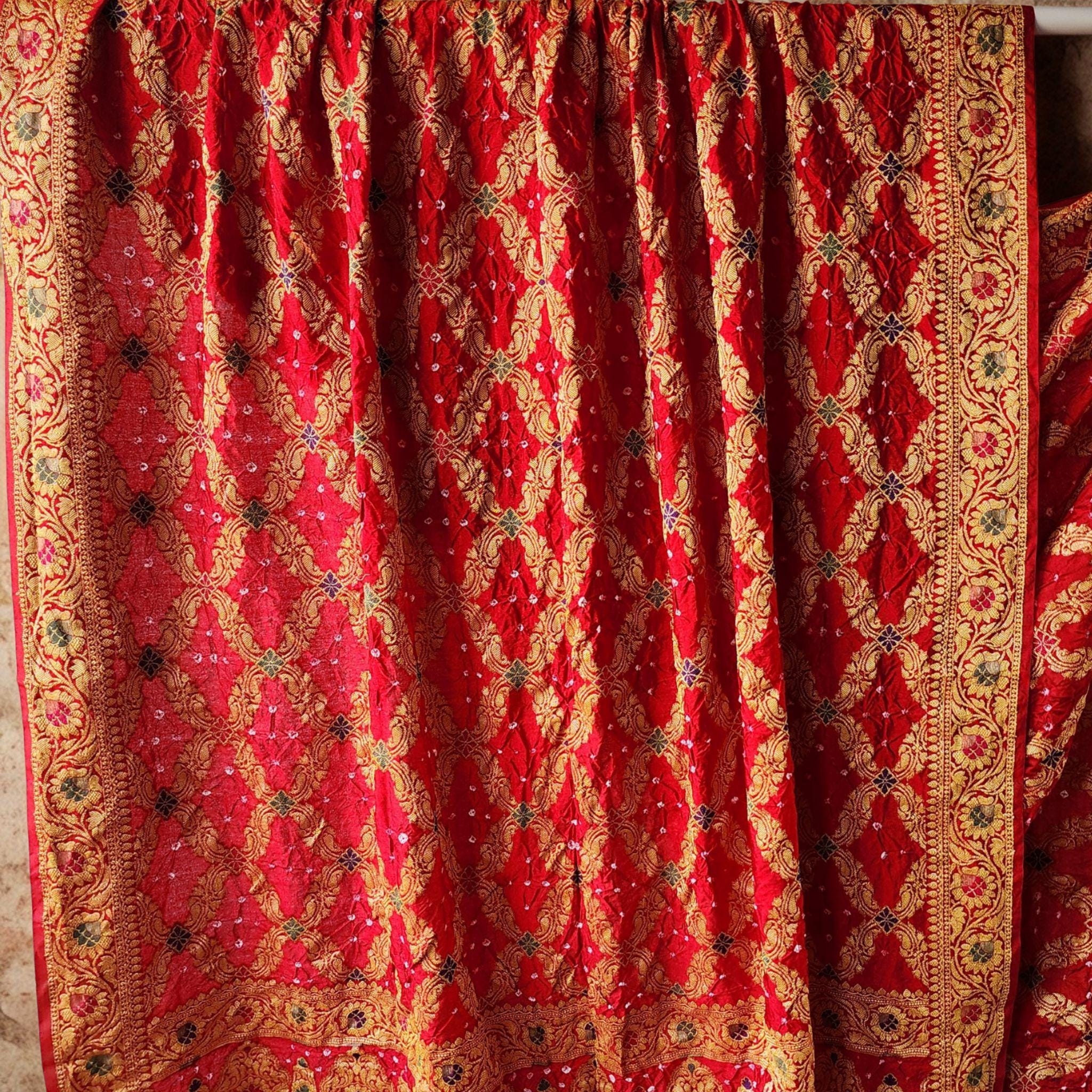 Vibrant Red Bandhni dupatta with Banarasi Meenakari work
