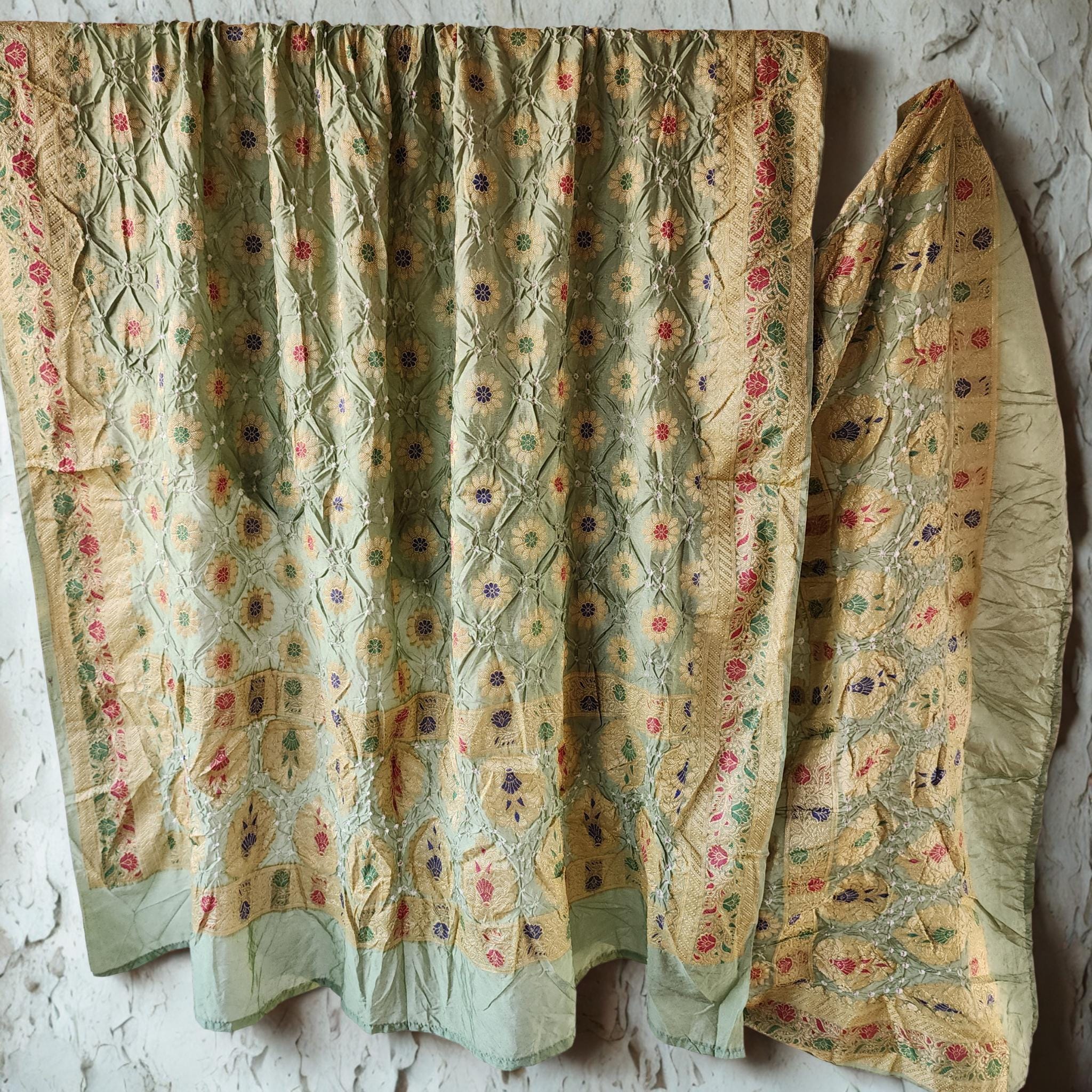 Light Sage Green Bandhni dupatta with Banarasi Meenakari work