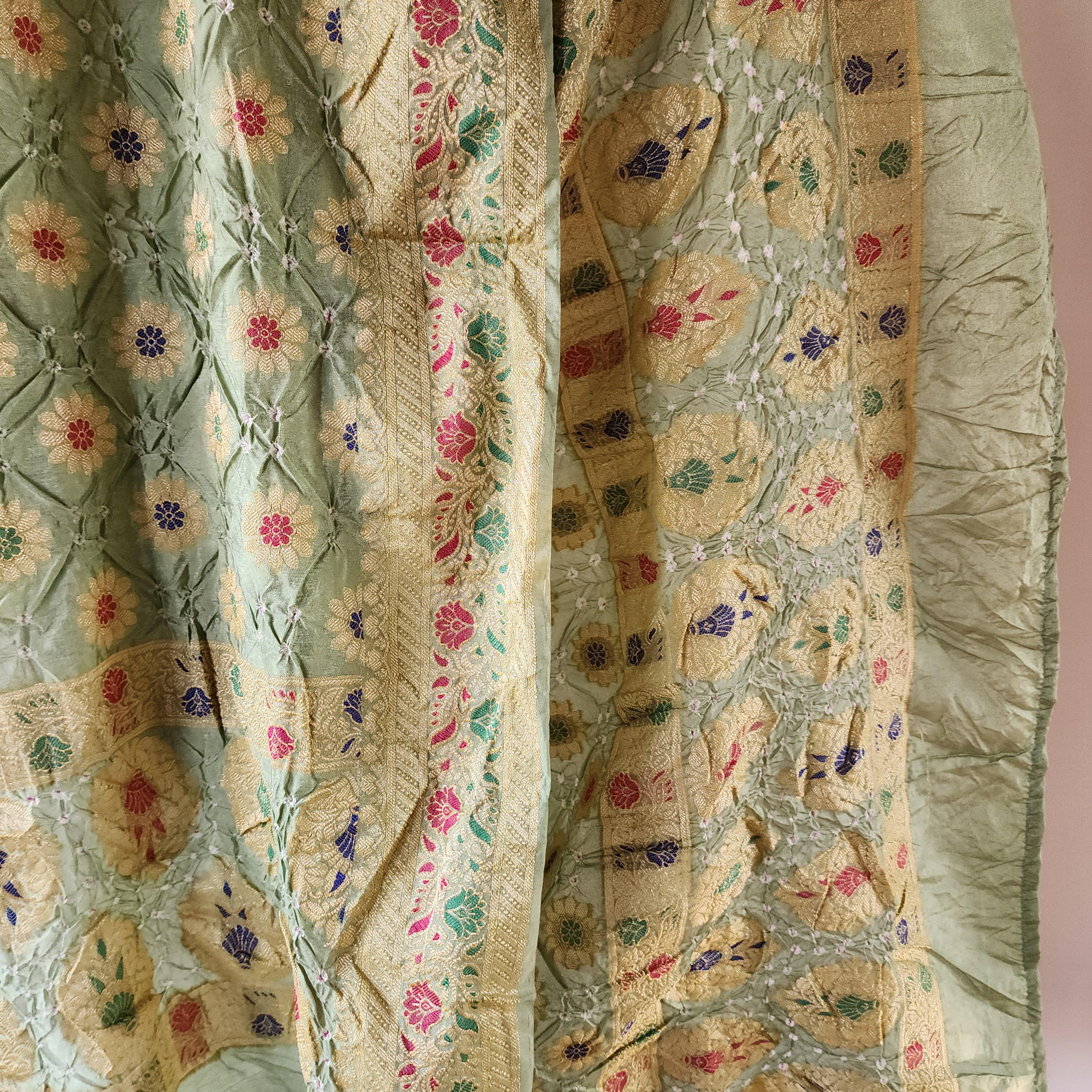 Light Sage Green Bandhni dupatta with Banarasi Meenakari work