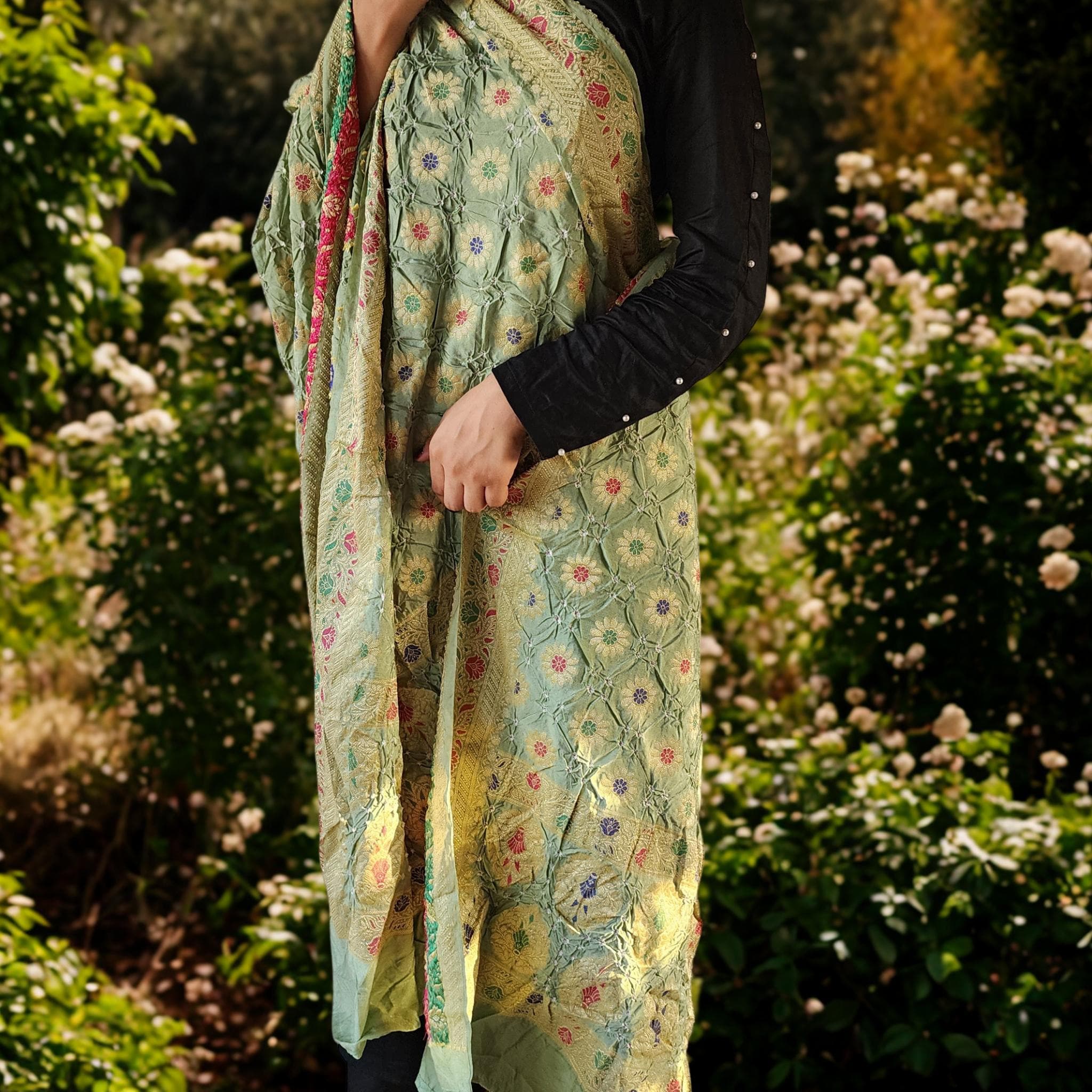 Light Sage Green Bandhni dupatta with Banarasi Meenakari work