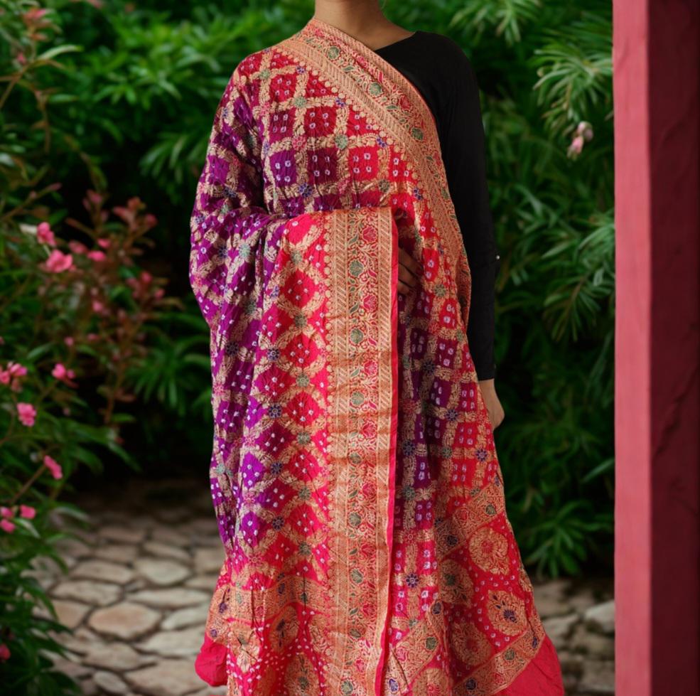Rich Purple Bandhni dupatta with hot Pink border & Banarasi Meenakari work
