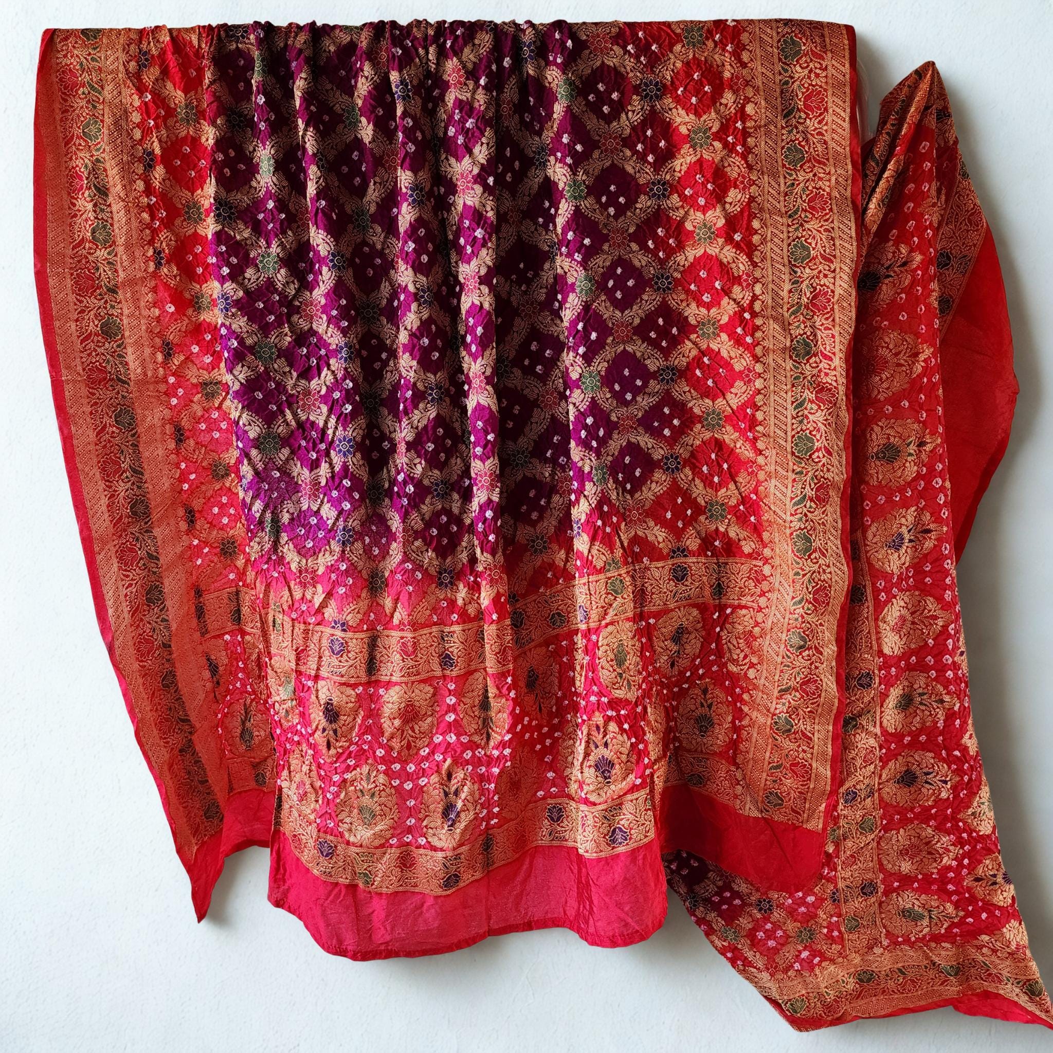 Rich Purple Bandhni dupatta with hot Pink border & Banarasi Meenakari work