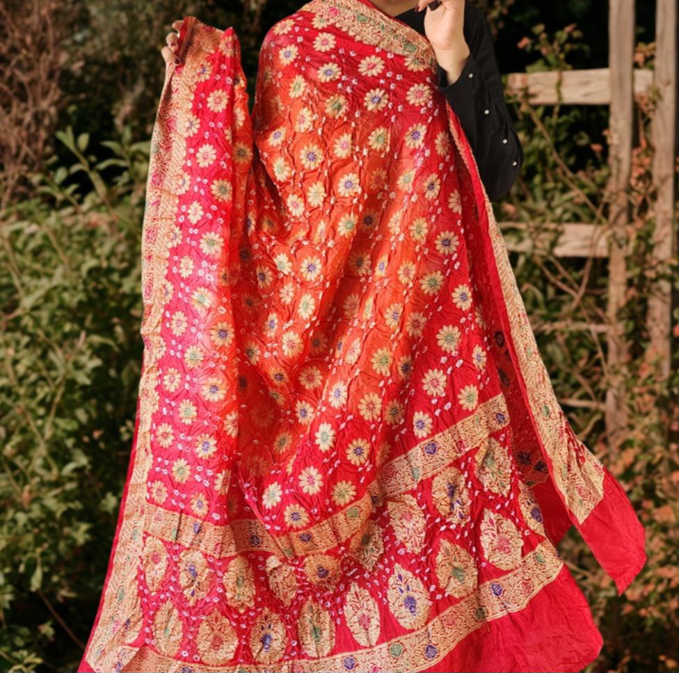 Dual-Tone Orange & Red Bandhni dupatta with Banarasi Meenakari work