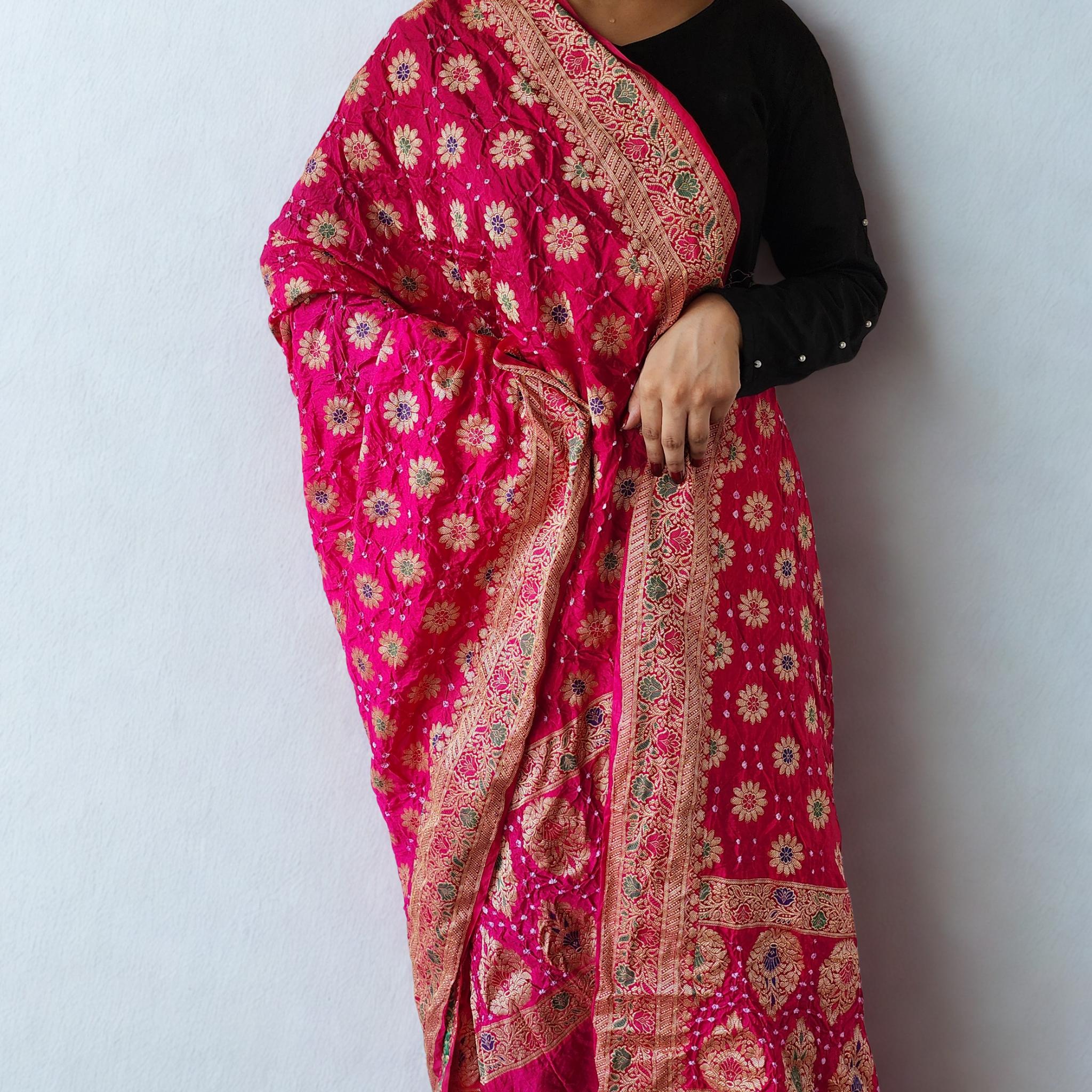 Elegant Rani Pink Bandhni dupatta with Banarasi Meenakari work