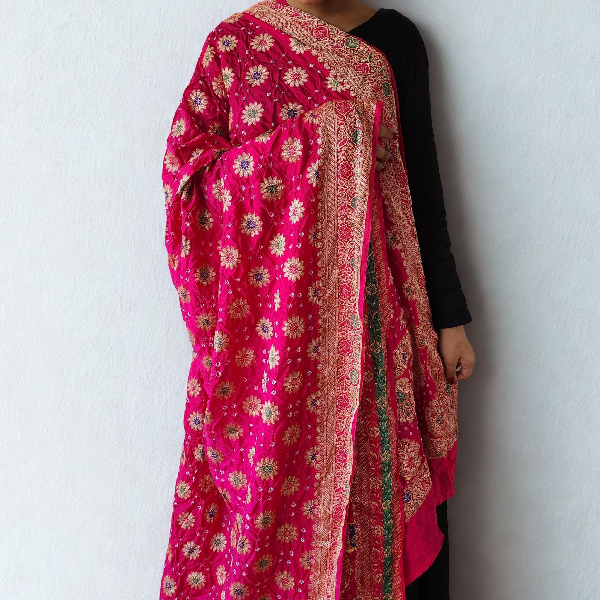 Elegant Rani Pink Bandhni dupatta with Banarasi Meenakari work