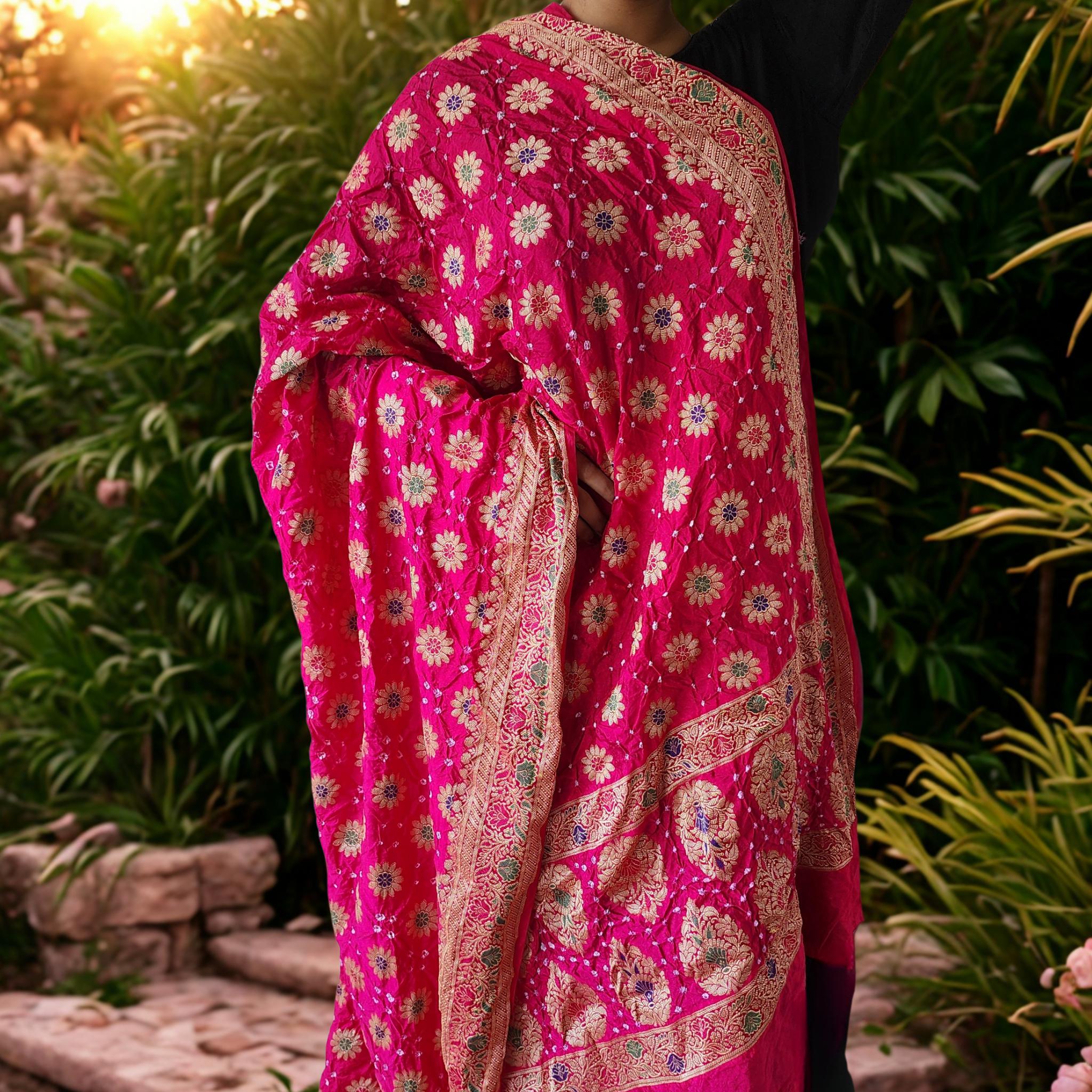 Elegant Rani Pink Bandhni dupatta with Banarasi Meenakari work