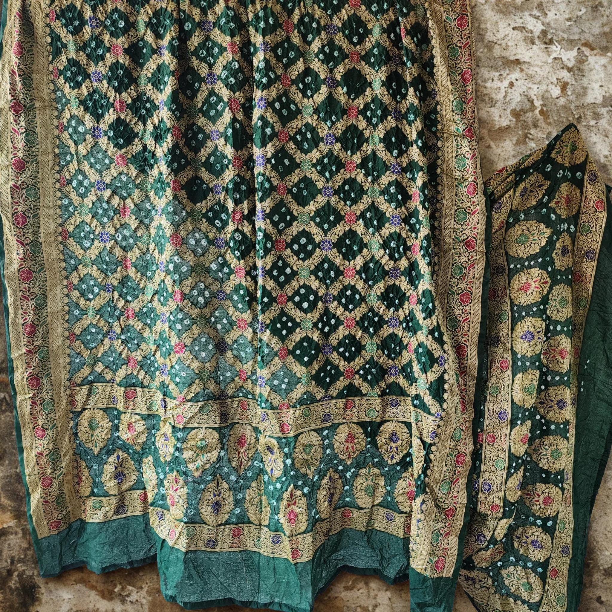 Bottle Green Bandhni dupatta with Banarasi Meenakari work
