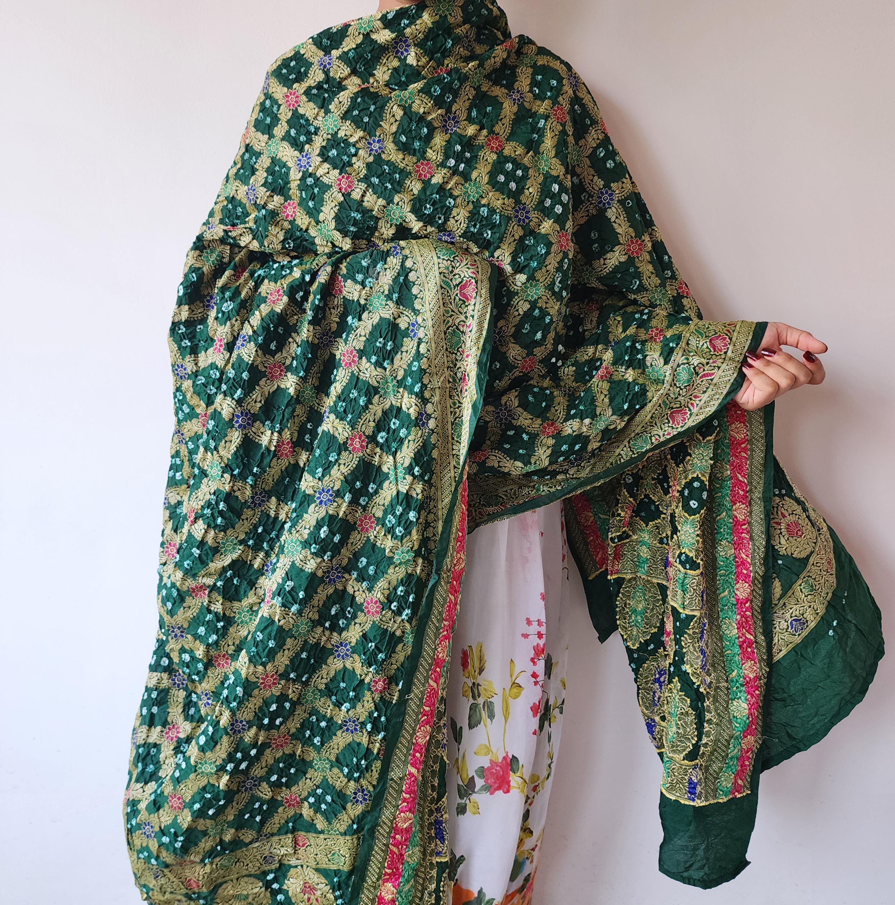 Bottle Green Bandhni dupatta with Banarasi Meenakari work