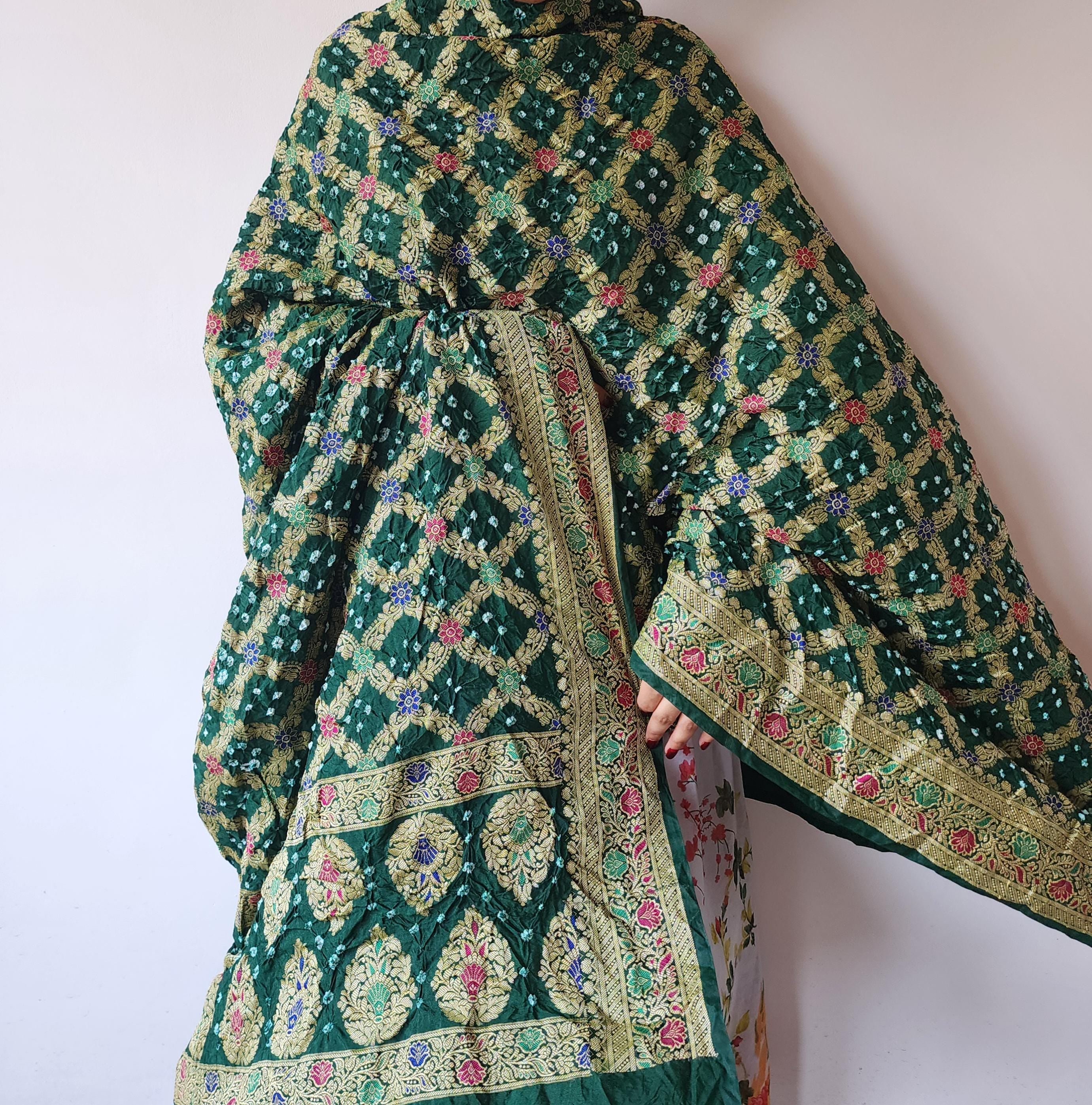 Bottle Green Bandhni dupatta with Banarasi Meenakari work