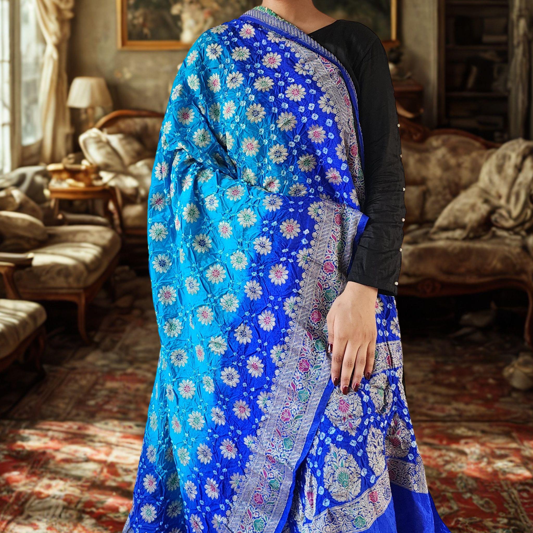 Dual-Tone Rich Blue Bandhni dupatta with Banarasi Meenakari work