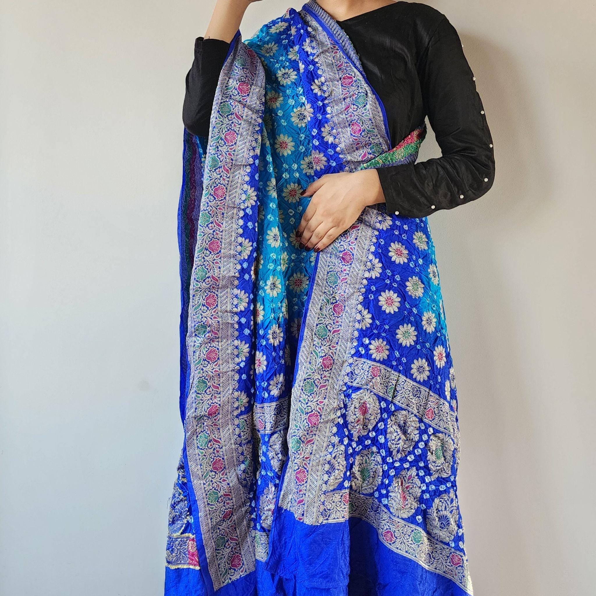 Dual-Tone Rich Blue Bandhni dupatta with Banarasi Meenakari work
