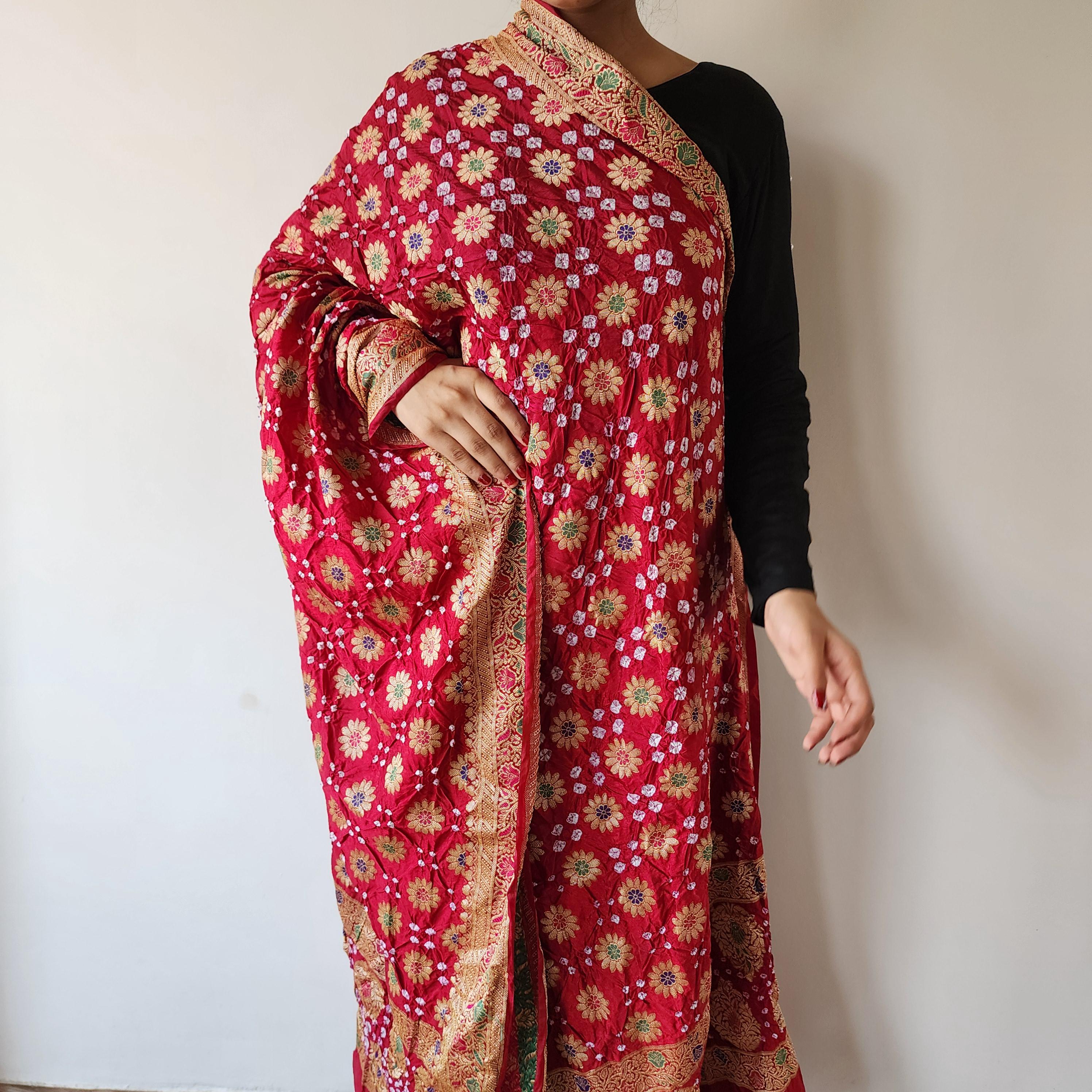 Deep Rich Red Banarasi Bandhni dupatta with Banarasi Meenakari work
